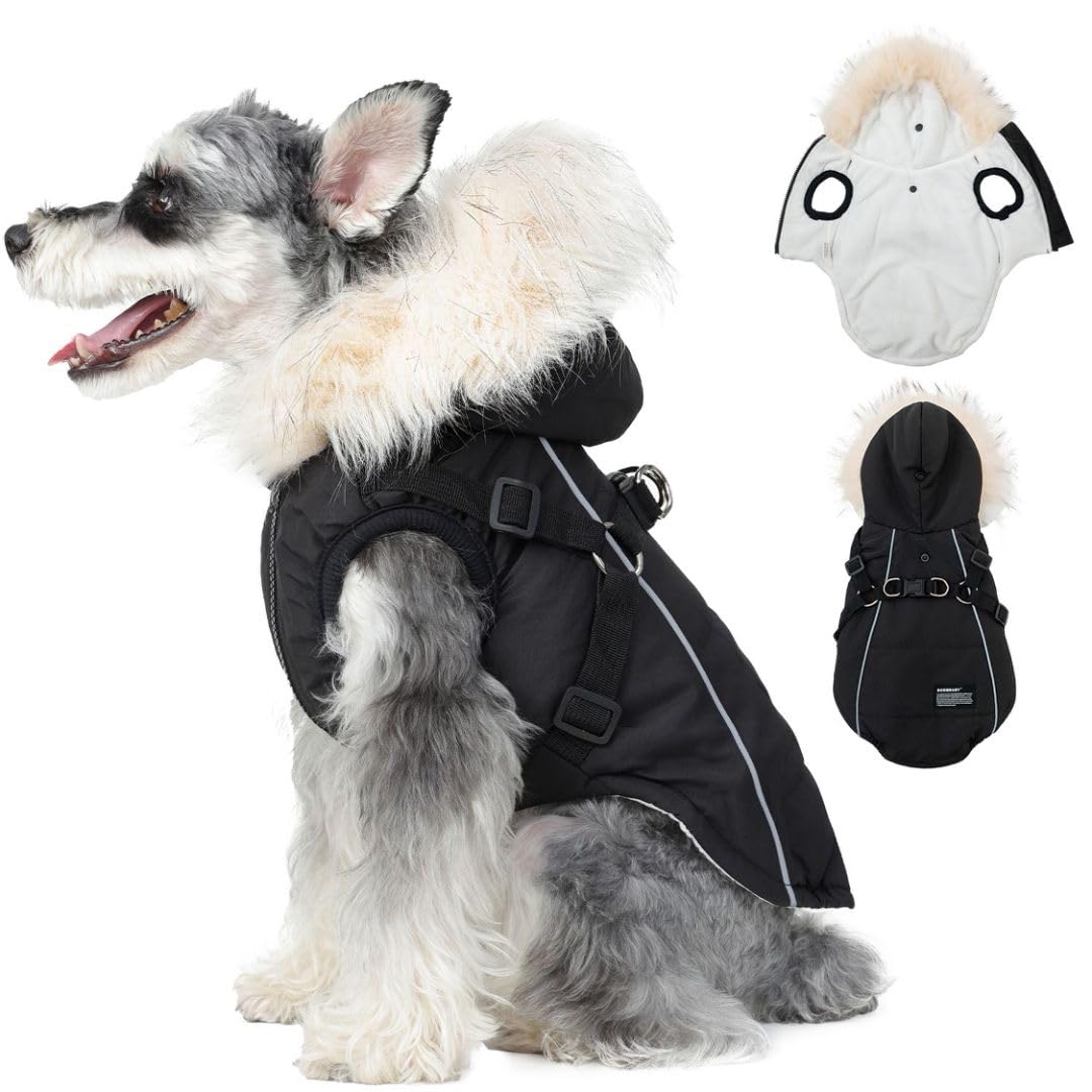 PINA Dog Coat with Built in Harness, Dog Jacket with Faux Fur Hood, Dogs Vest with Reflective Strap for Small Medium Large Dogs,
