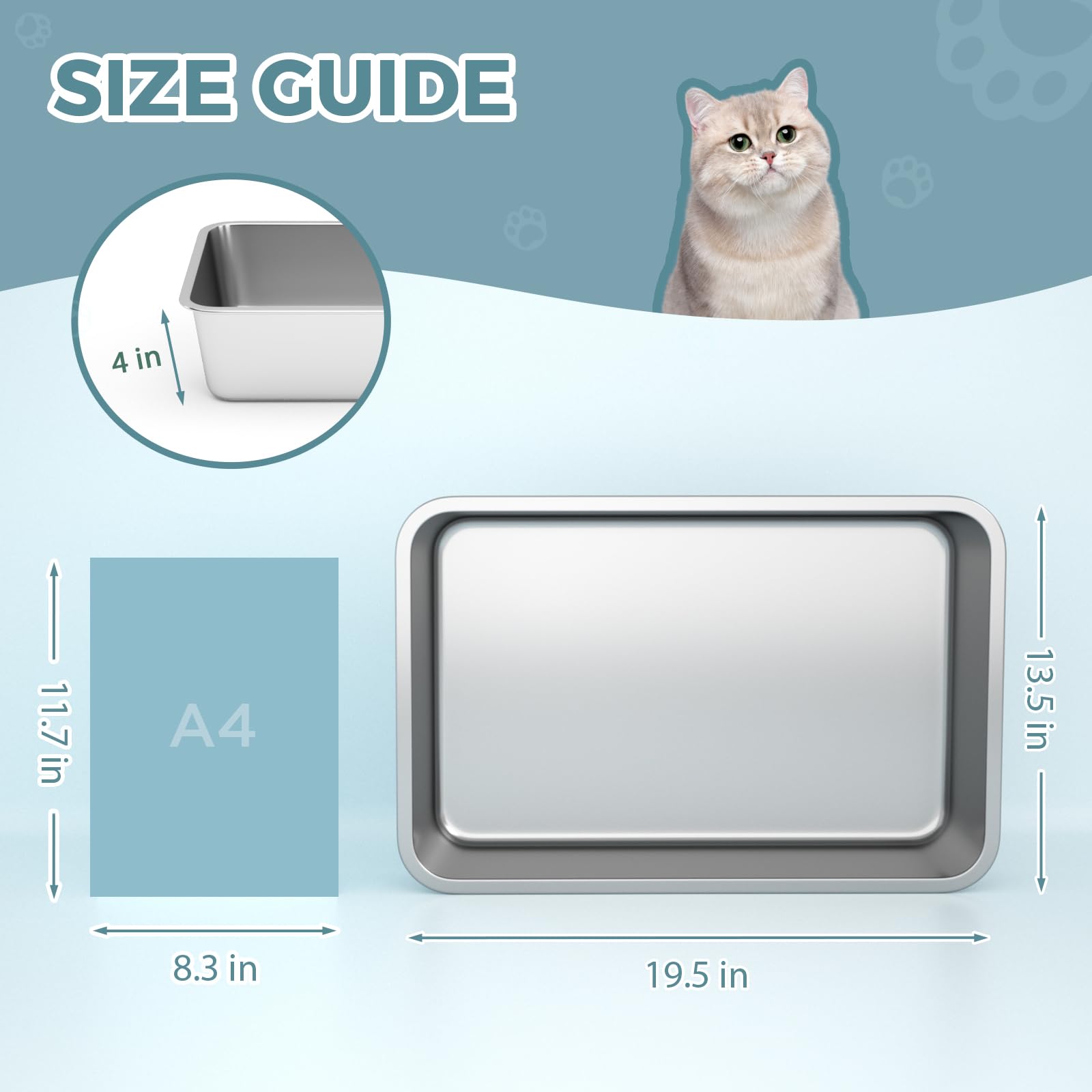 Wenbokmin Stainless Steel Cat Litter Box, 4In Shallow Litter Box For Senior Cats And Kittens, Large Metal Litter Pan Nonstick Od