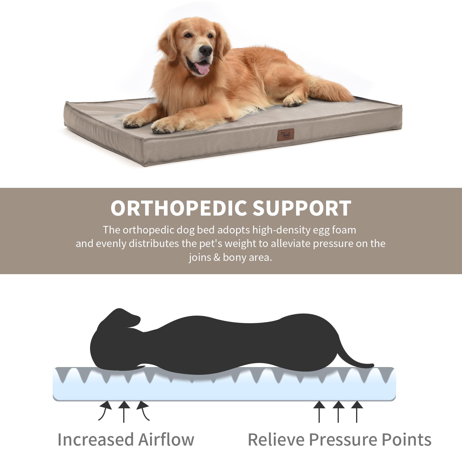 Tail Stories Outdoor Dog Bed For Medium/Small Dog, Waterproof Dog Bed For Medium Dogs Cats, Orthopedic Egg Crate Foam Indestructible Pet Bed With Removable Cooling Dog Bed Cover, Khaki