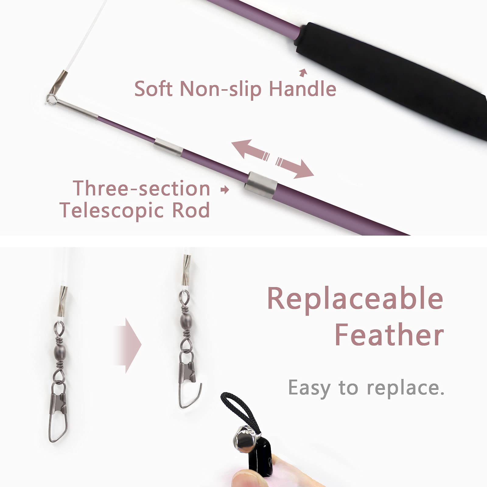 Songway Interactive Cat Feather Toys - 7 Pcs Cat Toy Set, Retractable Cat Wand Toy, Teaser Refills Worm Bird Feathers With Bell, Cat Teaser Toys For Indoor Cats Kitten Play Chase Exercise, Light Pink