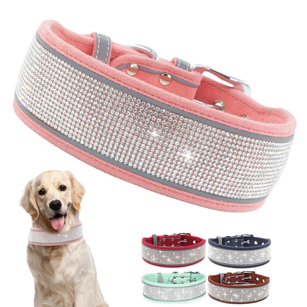 Pink Rhinestone Dog Collar For Medium Dogs, 2-Inch Wide Pretty Glitter Bling Dog Collar Diamond Sparkle Crystal Fancy Soft Pet G