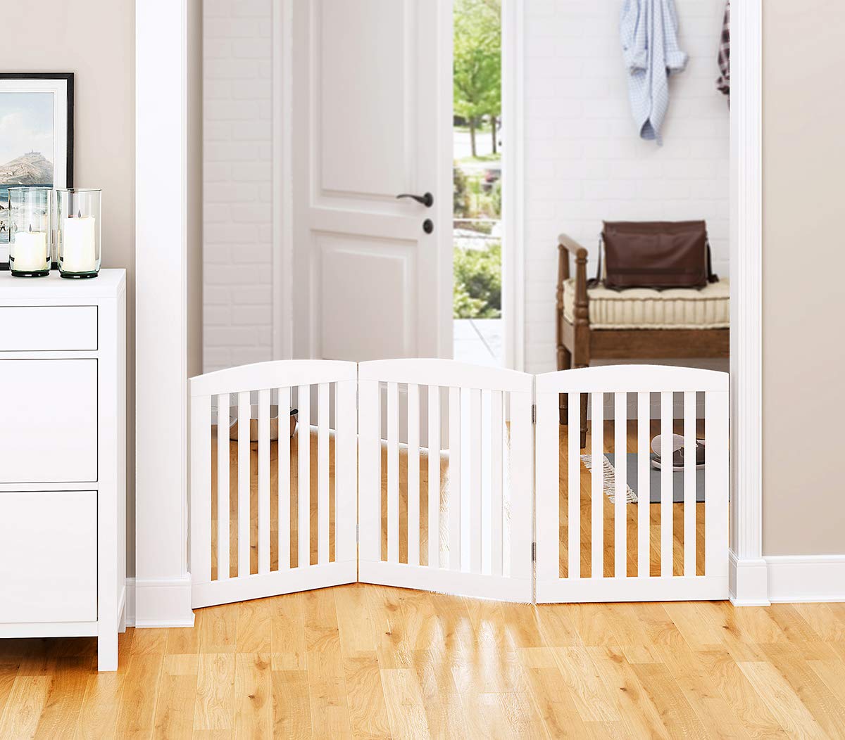 PAWLAND Wooden Foldable Pet Gate for Dogs - 24 Height, 3 Panels, Freestanding Step Over Fence, Extra Wide, White