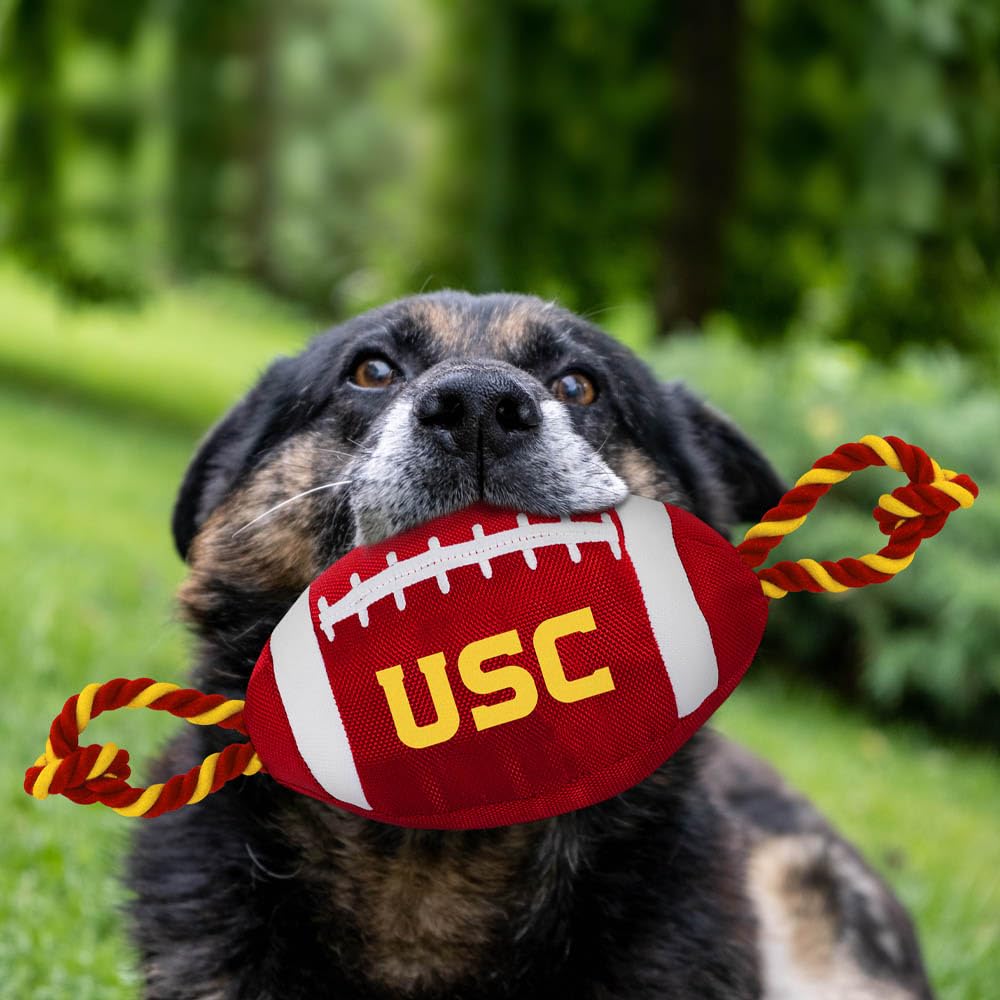 Pets First USC Football Dog Toy, Tough Quality Nylon Materials, Strong Pull Ropes, Inner Squeaker, Collegiate Team Color