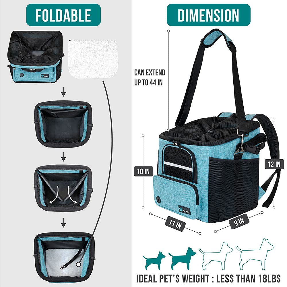 Petami Dog Bike Basket, Soft-Sided Ventilated Dog Bike Carrier Backpack, Dog Pet Bicycle Basket For Bike Handlebar, Small Medium Puppy Cat Kitten Car Booster Seat With Safety Strap (Teal Blue)