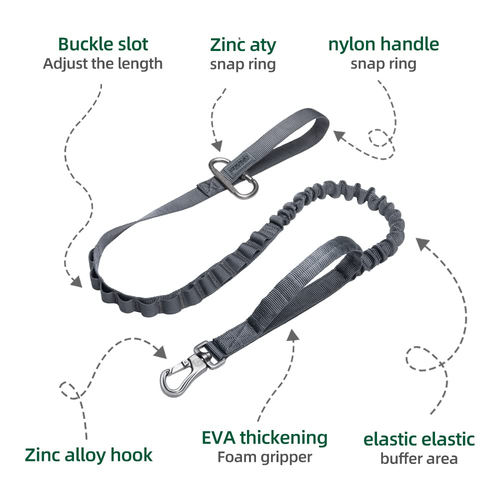 Excellent Elite Spanker Tactical Bungee Dog Leash Military Adjustable Dog Leash Quick Release Elastic Leads Rope With 2 Control Handle(Grey