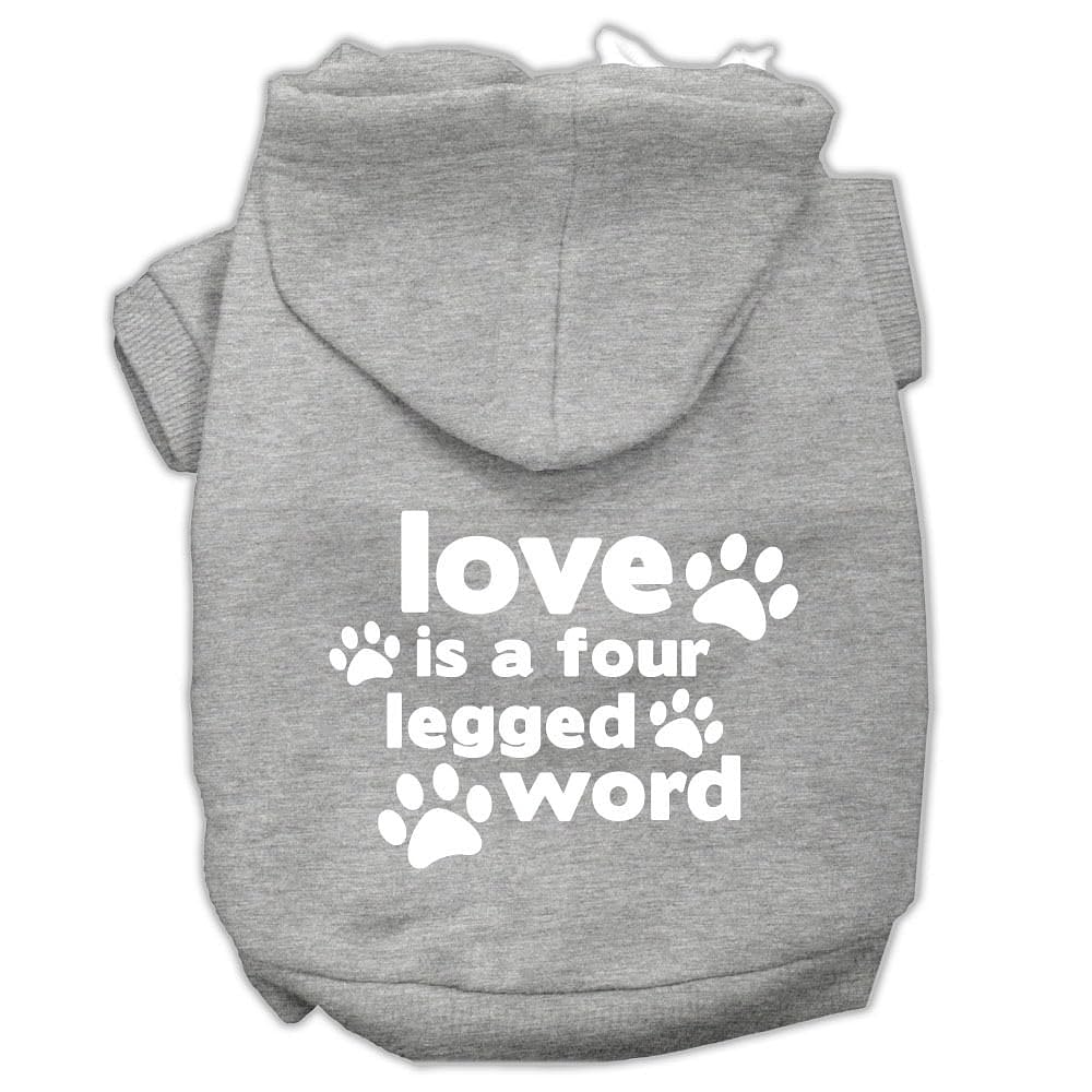 Pet Dog & Cat Hoodie Screen Printed, 'Love Is A Four Legged Word' Gray Lg (10-14 Lbs.)