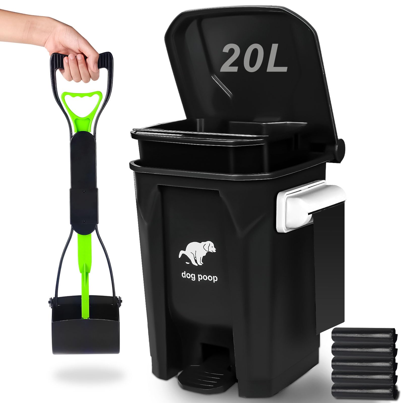 Uppcasir Dog Poop Trash Can Outside With Foldable Pooper Scooper, 20L/5Gallon Dog Waste Trash Can With Lid And 100 Bags, Pedal A