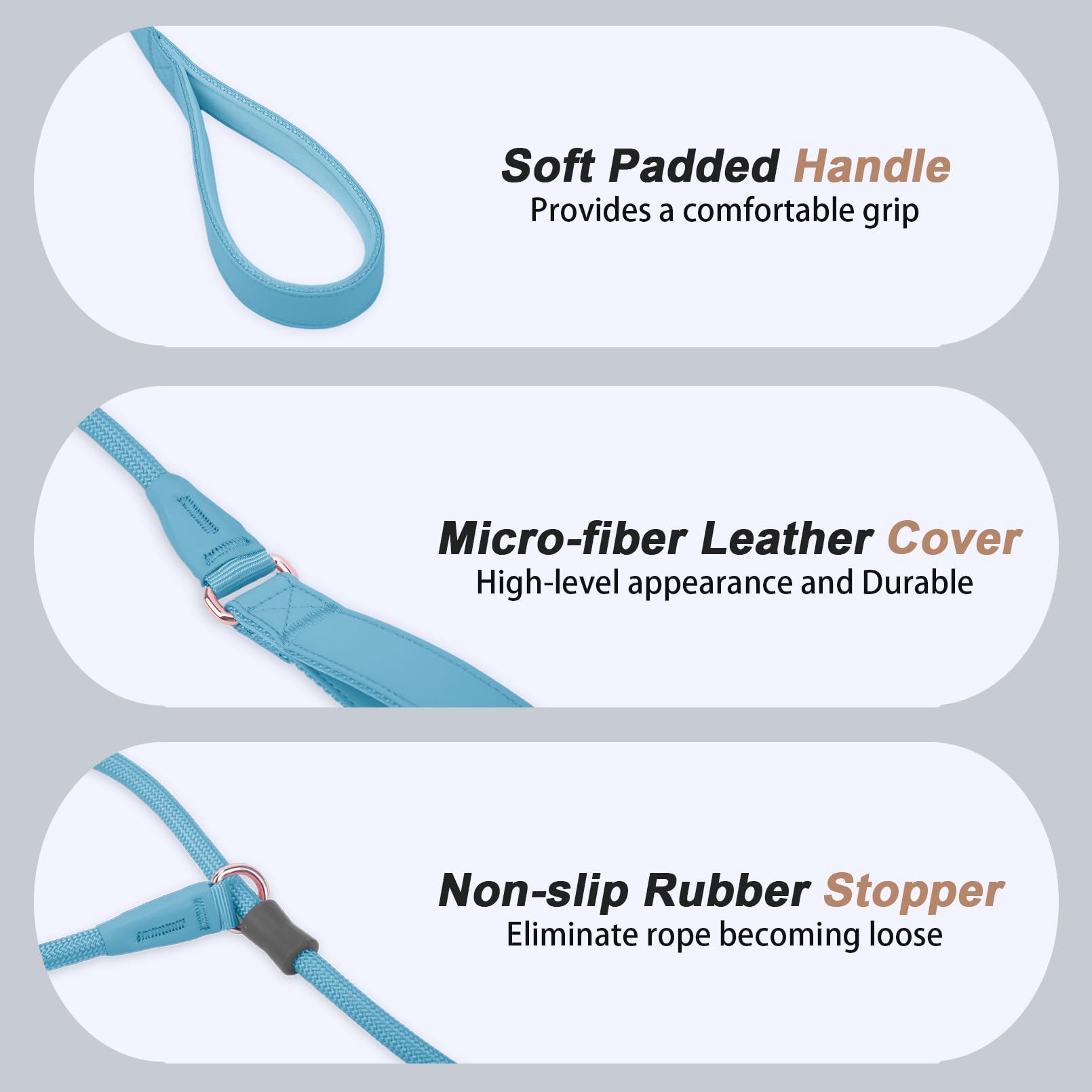 Aaufilux Slip Lead Dog Leash, Double Handle, Soft Leather, Heavy Duty Nylon, No Pull Walking, 5Ft Light Blue