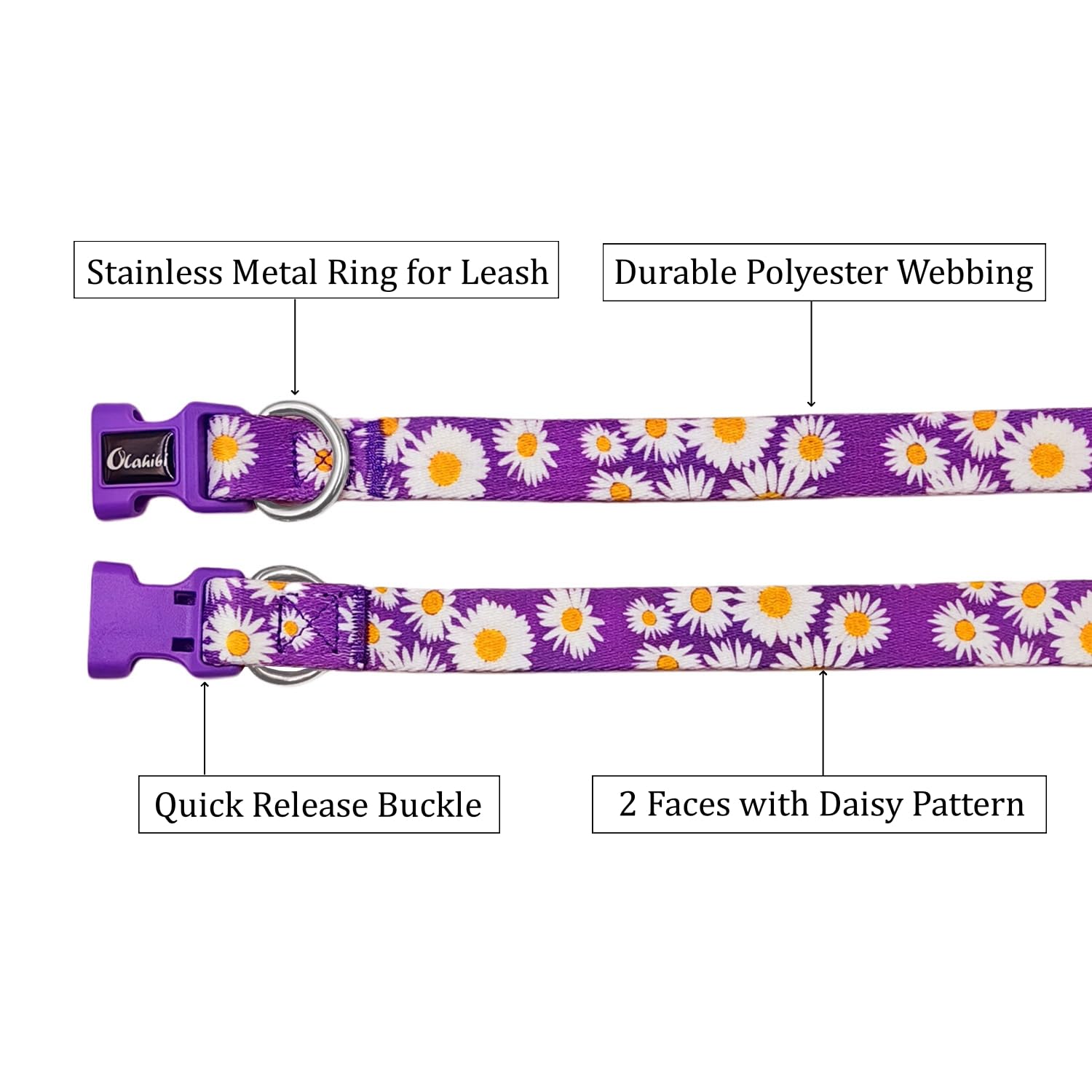 Olahibi Dog Collar And Leash Set, Cute Daisy Pattern, Polyester Material, 5Ft Leash, For Puppy Dogs.(Extra Small,Purple Daisy)