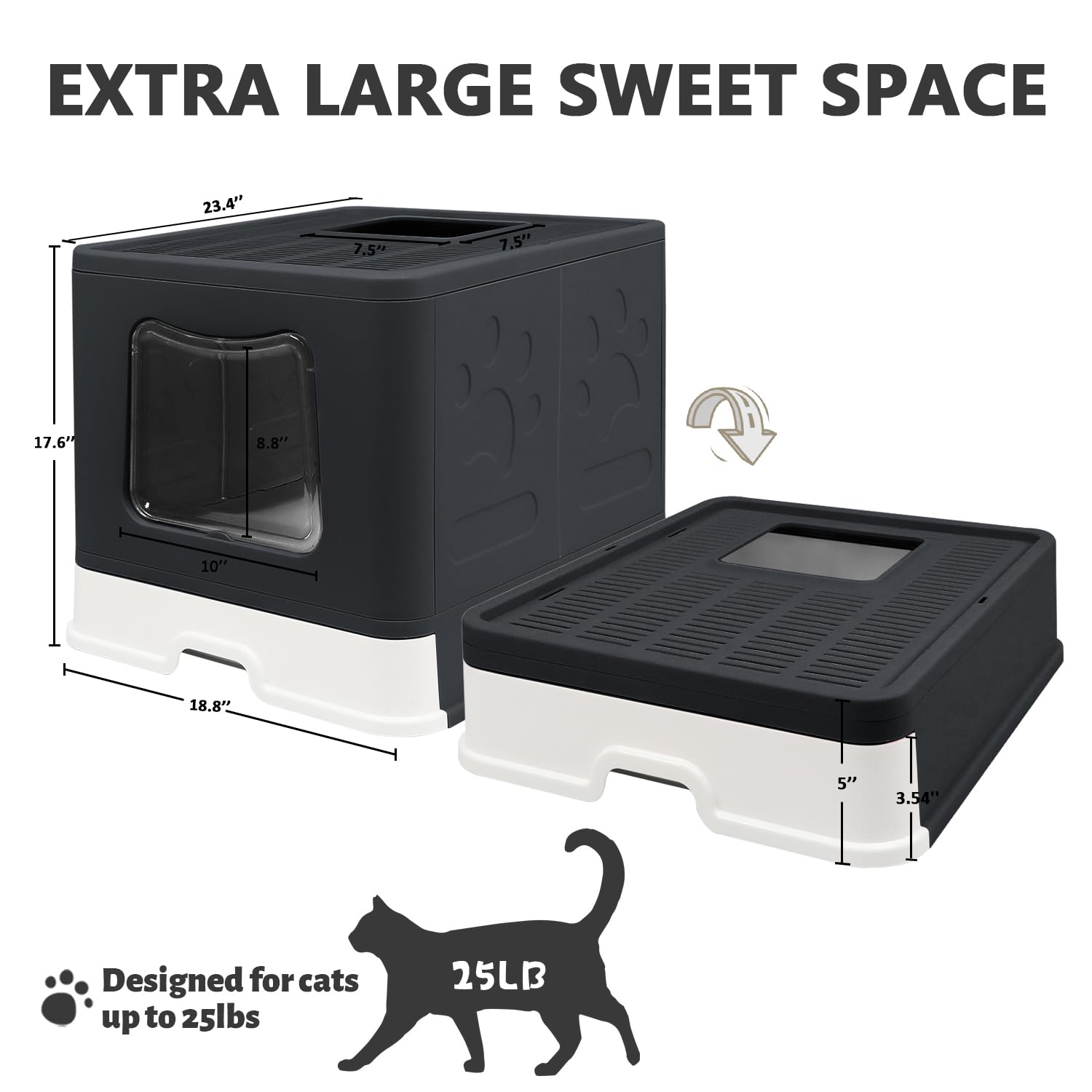 Foldable Cat Litter Box With Lid, Jumbo Enclosed Cat Potty, Top Entry Anti-Splashing Cat Toilet, Easy To Clean Including Cat Litter Scoop And 2-1 Cleaning Brush (Black) Extra Large