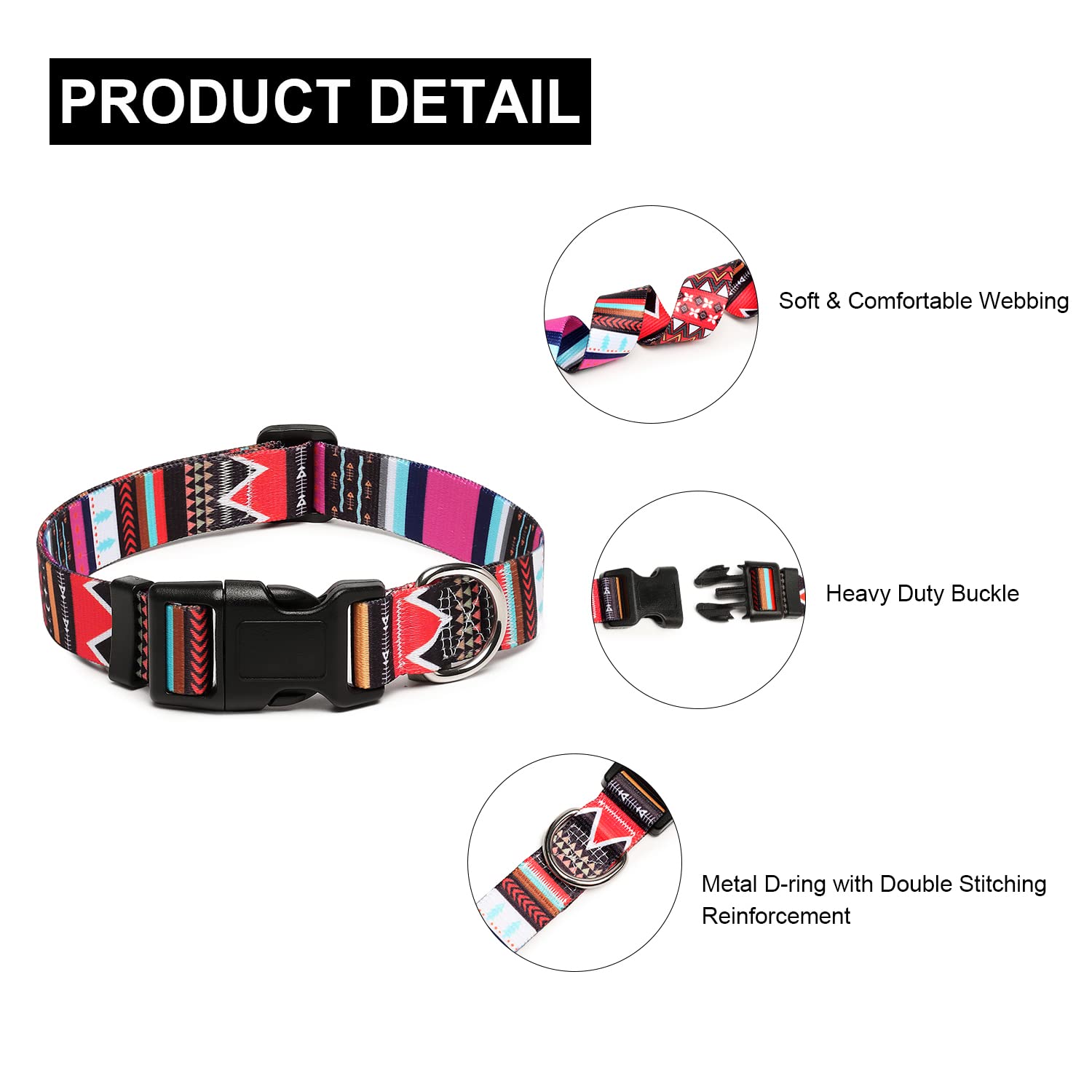 Mercano Adjustable Dog Collar - Special Design Patterns, Soft Nylon Comfortable Durable Pet Collar For Small Medium Large Dogs (M, Tribal Pink)