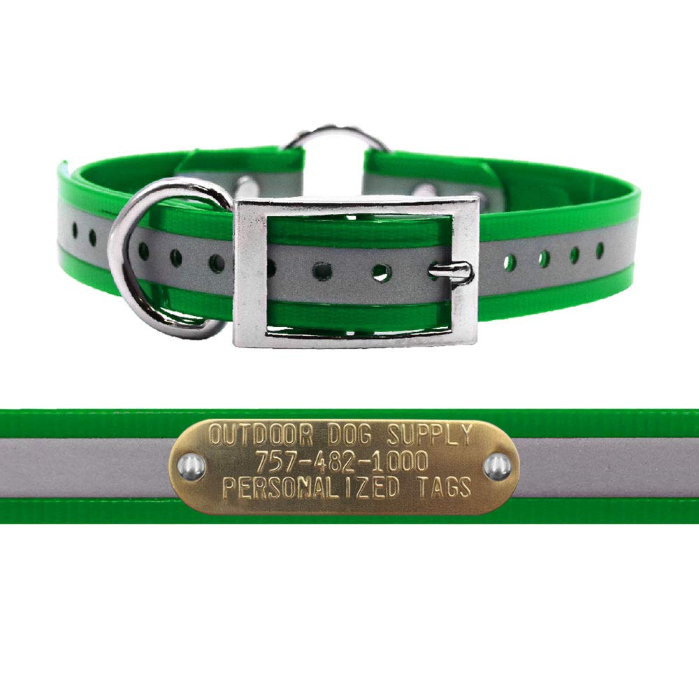 Outdoor Dog Supply'S 1' Wide Reflective Ring In Center Dog Collar Strap With Custom Brass Name Plate (21' Long, Reflective Dark Green)