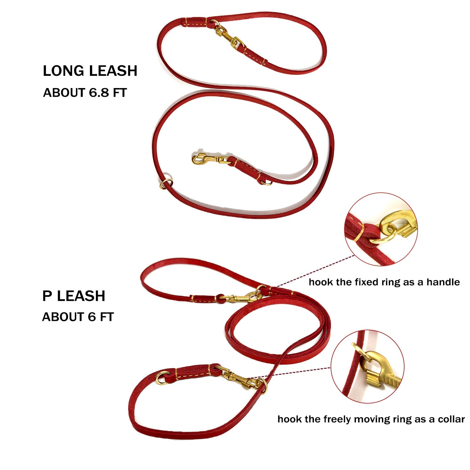 Leather Dog Leash 8ft, Soft Multi-Function 6 in 1 Leather Training Walking Leash, Hands Free Leather Leash, Dual, Crossbody Dog