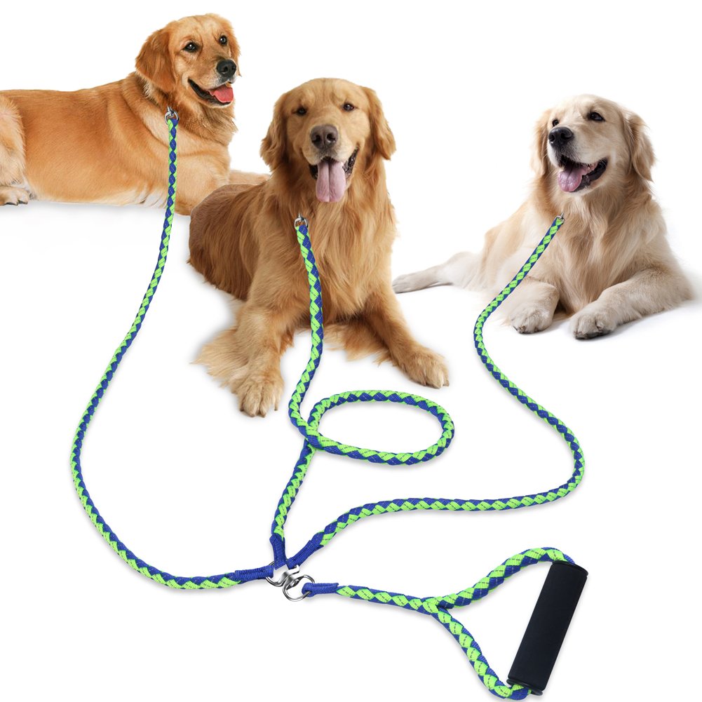 Petbaba 3 Dog Leash No Tangle, 4.6Ft Heavy Duty Splitter Coupler, Reflective Strong Triple Multi Way Lead Split, Soft Padded Handle, For Walking Three Medium Large Dogs That Pull - Green