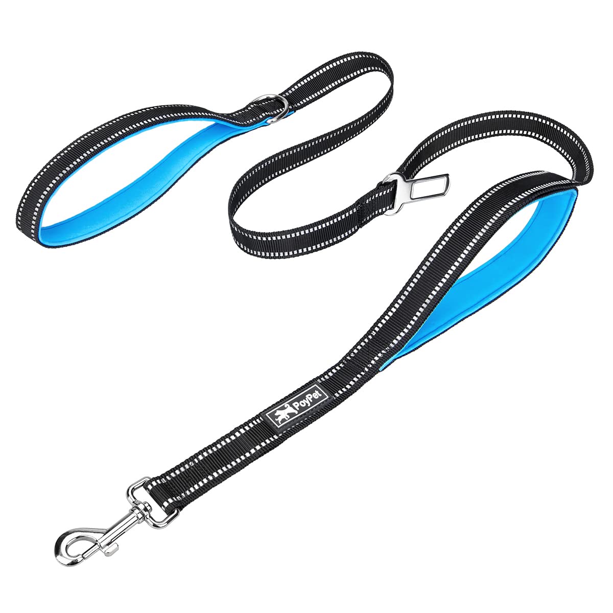 Poypet 5 Feet Dog Leash - 3M Reflective - 2 Cushioned Handles - Functional Car Seat Belt(Blue)