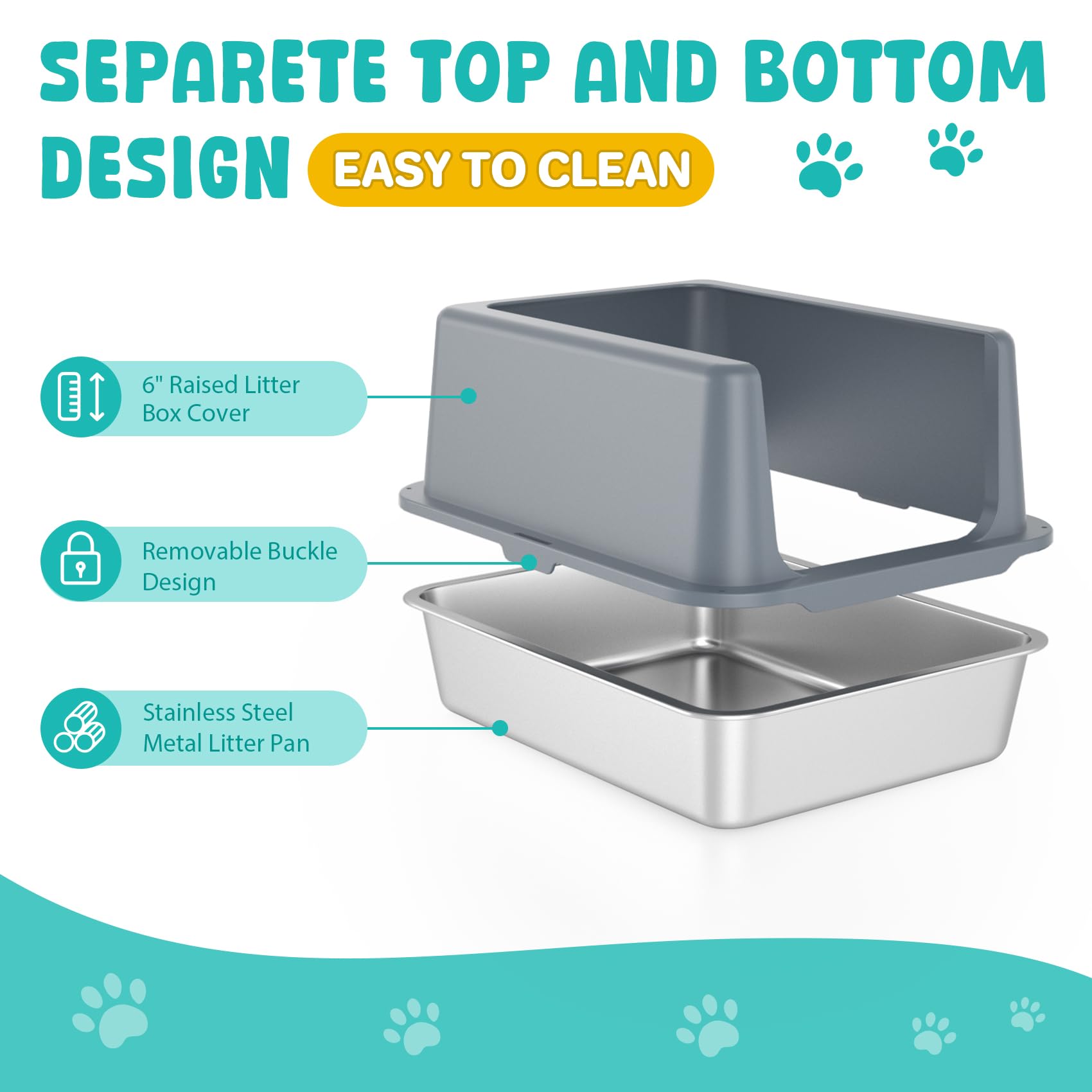Lihoooom Litter Box With Lid, Stainless Steel Litter Box, 10'' Metal Litter Tray High Sides, Small Litter Pan For Kittens, Enclo