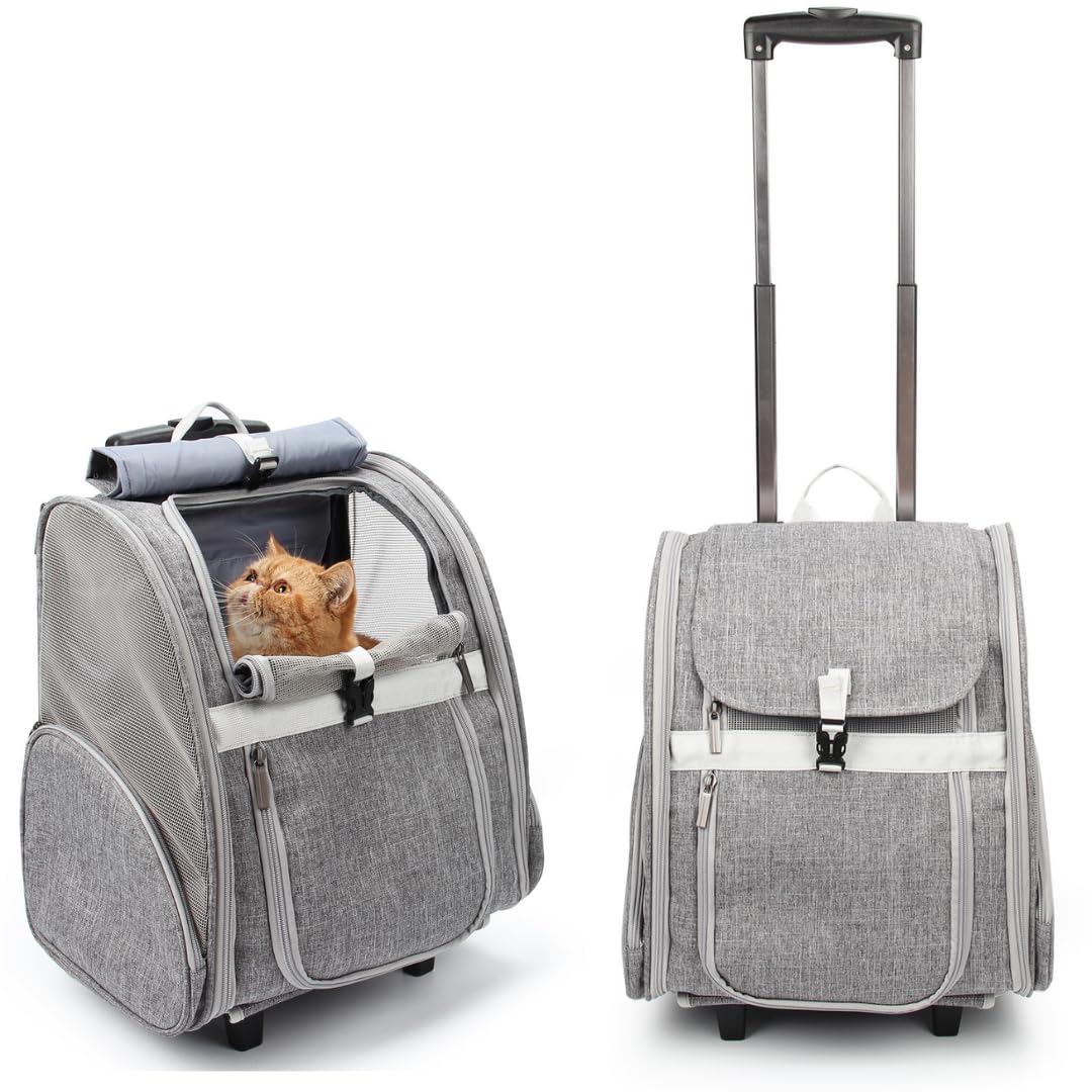 Lollimeow Pet Rolling Carrier, Dog Backpack With Wheels,Cats,Puppies Travel Bag With Wheels,Dog Trolley(Grey)