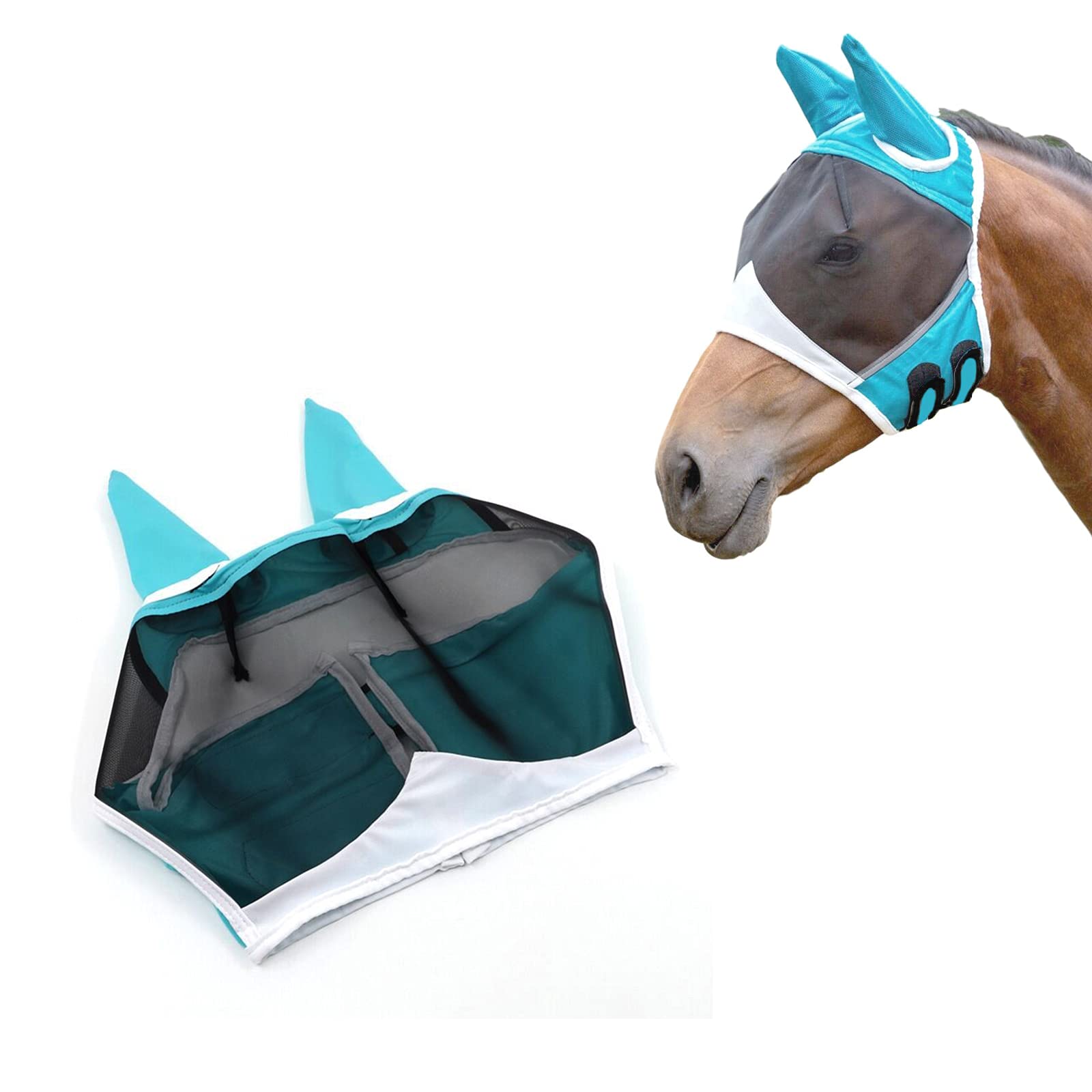Andiker Soft Mesh Horse Fly Mask with Ears, Breathable Horse Face Mask Protect Eyes and Face (Green, Medium)