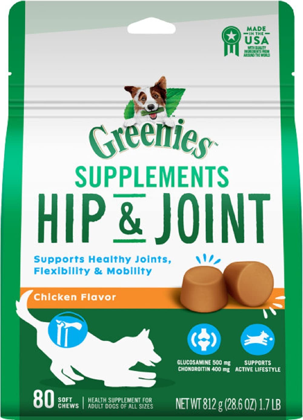 Greenies Supplements Hip & Joint Supplements For Dogs With Glucosamine And Chondroitin, 80 Count Chicken-Flavor Soft Chews Dog J