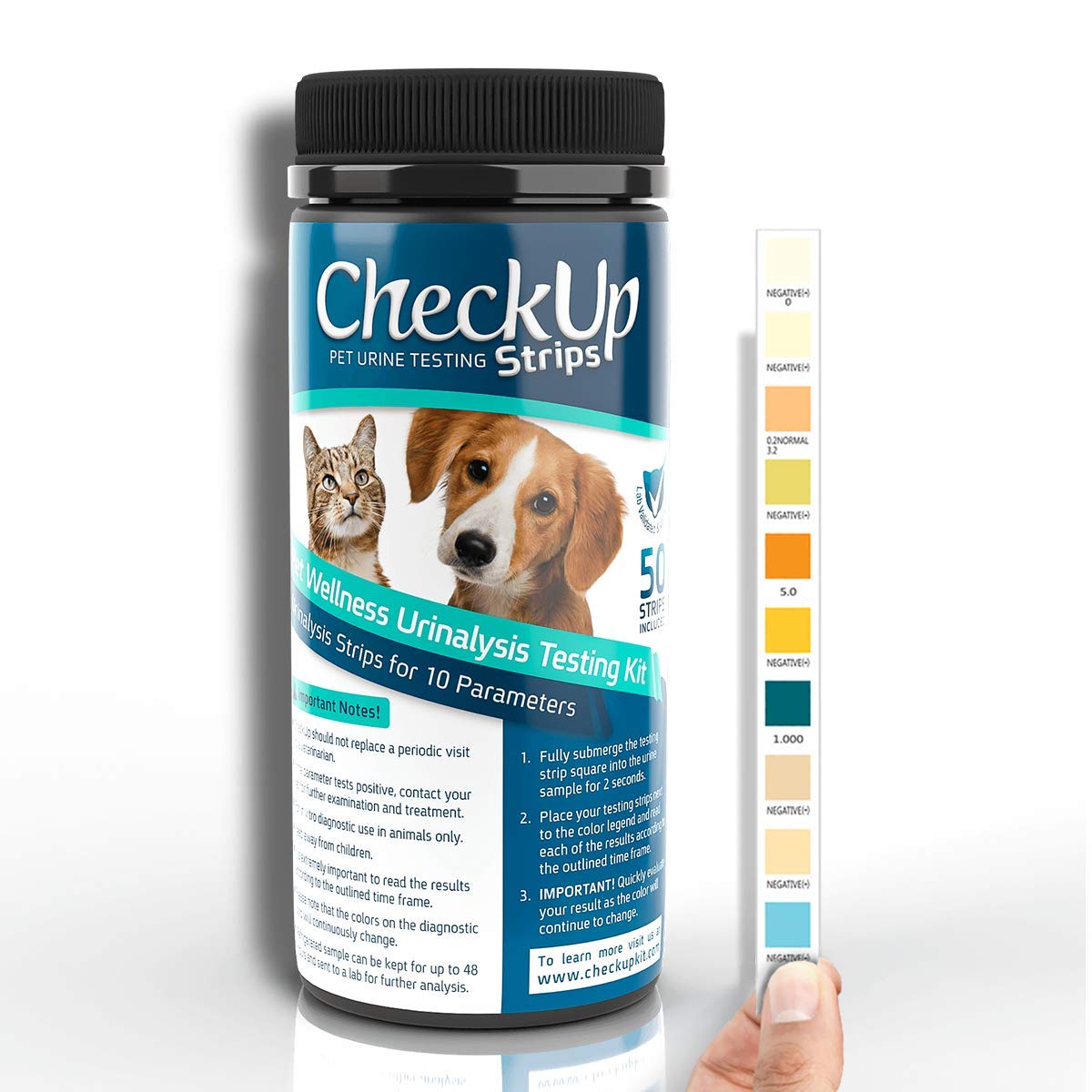 Checkup 10 Parameters Urine Test Strips For Cat And Dog X 50, Monitoring Pet Health, Detects Urobilinogen, Glucose, Bilirubin, K