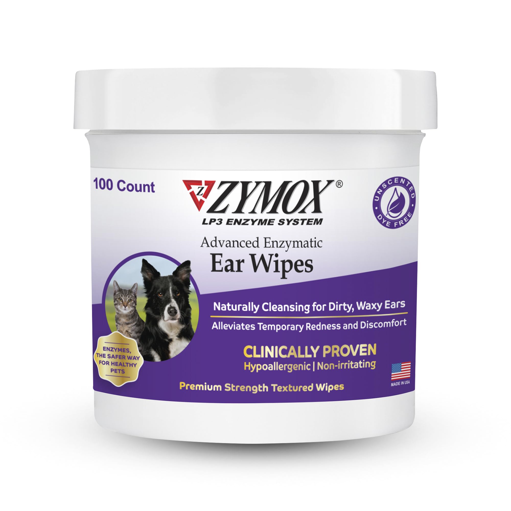 Zymox Advanced Enzymatic Ear Wipes for Dogs and Cats  for Dirty, Waxy, Smelly Ears  Premium Strength Ear Cleaner Wipes  NonI