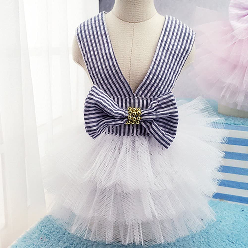 Dog Dresses, Fashion Pet Dog Clothes, Striped Mesh Puppy Dog Princess Dresses (Blue, X-Large)