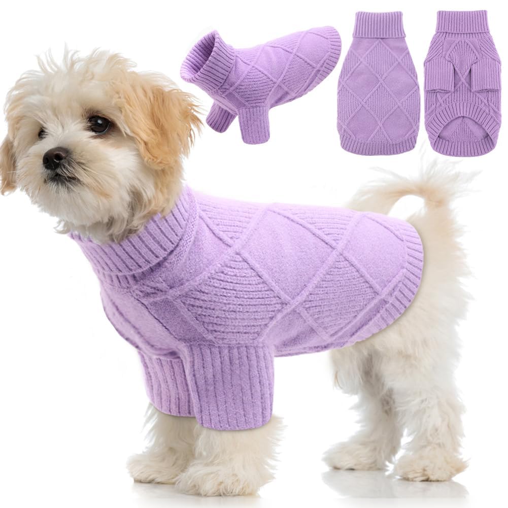 Emust Pet Sweater, Cute Dog Sweaters For Medium Dogs With Diamond Pattern, Warm Dog Sweater For Cold Weather, Purple L