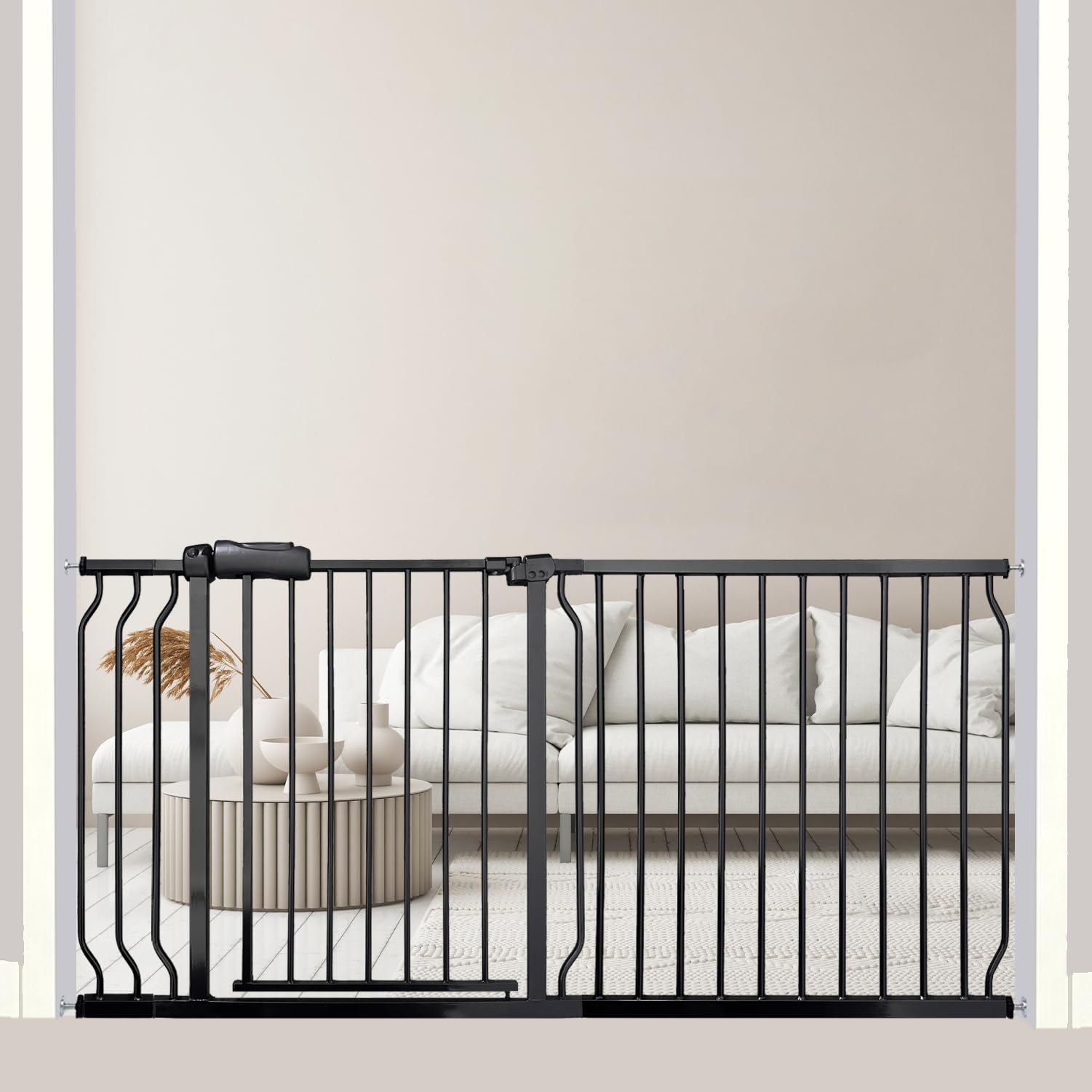 Extra Wide Baby Gate 62-67 Inch, Pressure Mounted Safety Child & Pet Gate - Black Metal - Large Walk Through - Long - for House 