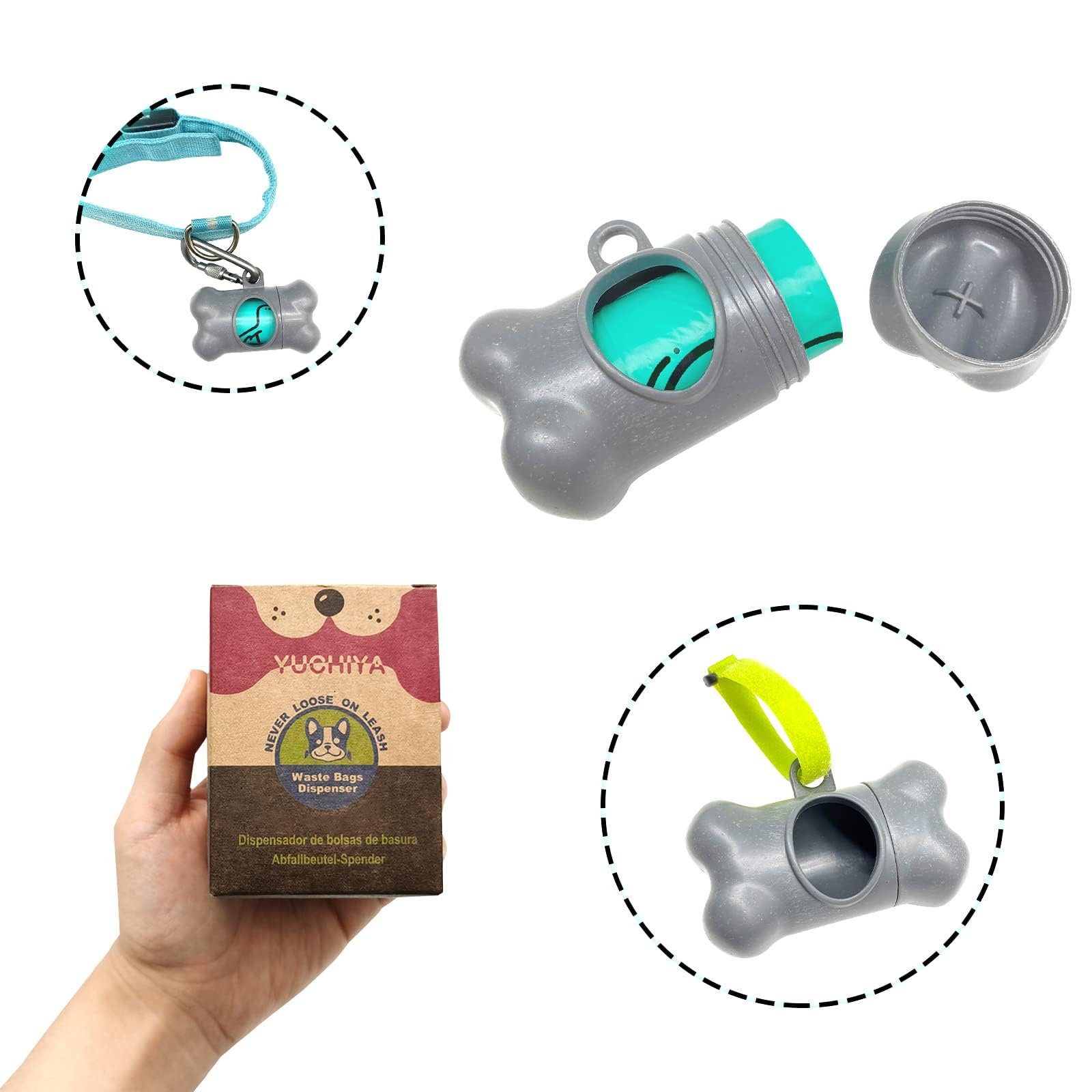 Dog Poop Pickup Bags Holder Dispenser With Standard-Sized Leak-Proof Scented Doggy Waste Bags And Carabiner With Safety Lock&Fastener Never Loose On Leash Lead Again (1 Holder 15 Bags, Grey)