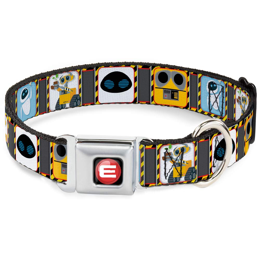 Dog Collar Seatbelt Buckle Wall E Eve Pose Face Hazard Blocks Gray Yellow Black 16 To 23 Inches 1.5 Inch Wide