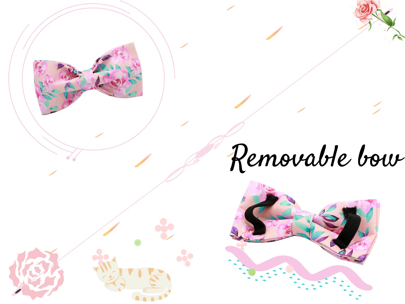 Lionheart Glory Floral Rose Print Dog Collar Adjustable Soft Dog Collar With Bowtie, Girl Pet Collars For X-Small Small Medium L