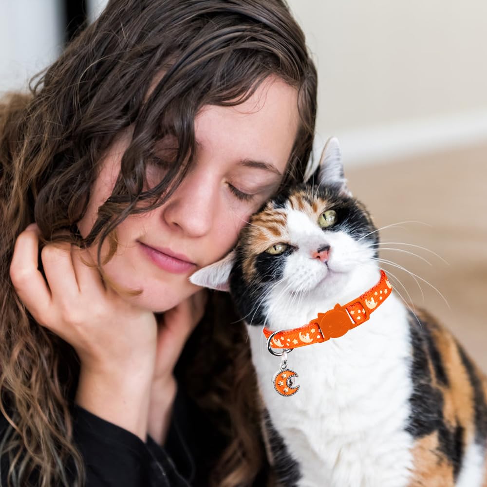 2Pcs Breakaway Cats Collars Cat Collars For Boy & Girl Cats Adjustable Kitten Collars With Bell,Black+Tangerine,8''-13.1''