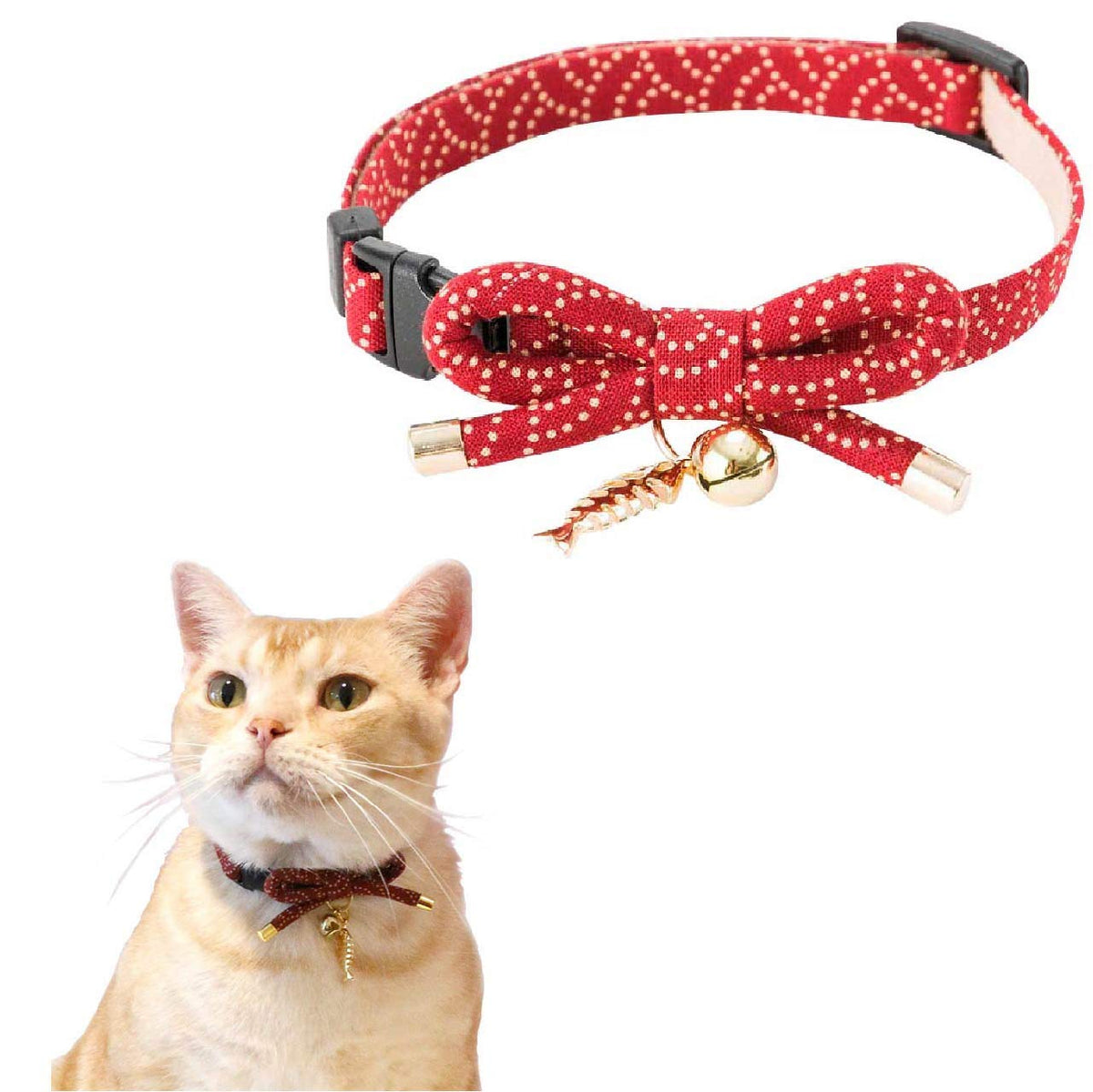 Necoichi Zen Fish Charm Cat Collar (Red) With Bell Safety Breakaway Soft Lightweight For Cats Kitty Kitten Japanese Stylish Pattern, No.1 Seller In Japan