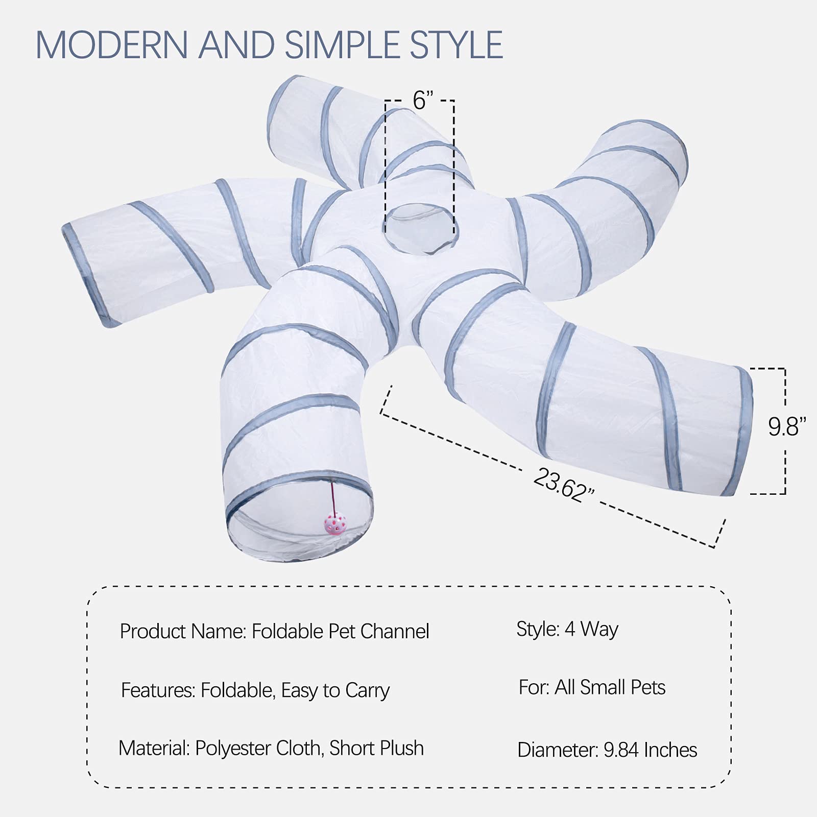 Egetota Cat Tunnel For Indoor Cats Large, With Play Ball S-Shape 5 Way Collapsible Interactive Peek Hole Pet Tube Toys, Puppy, Kitty, Kitten, Rabbit (White & Grey)