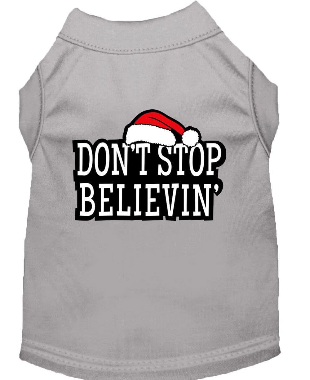 Christmas Screenprinted Dog Shirt, Dont Stop Believin Gray MD (6-10 lbs.)