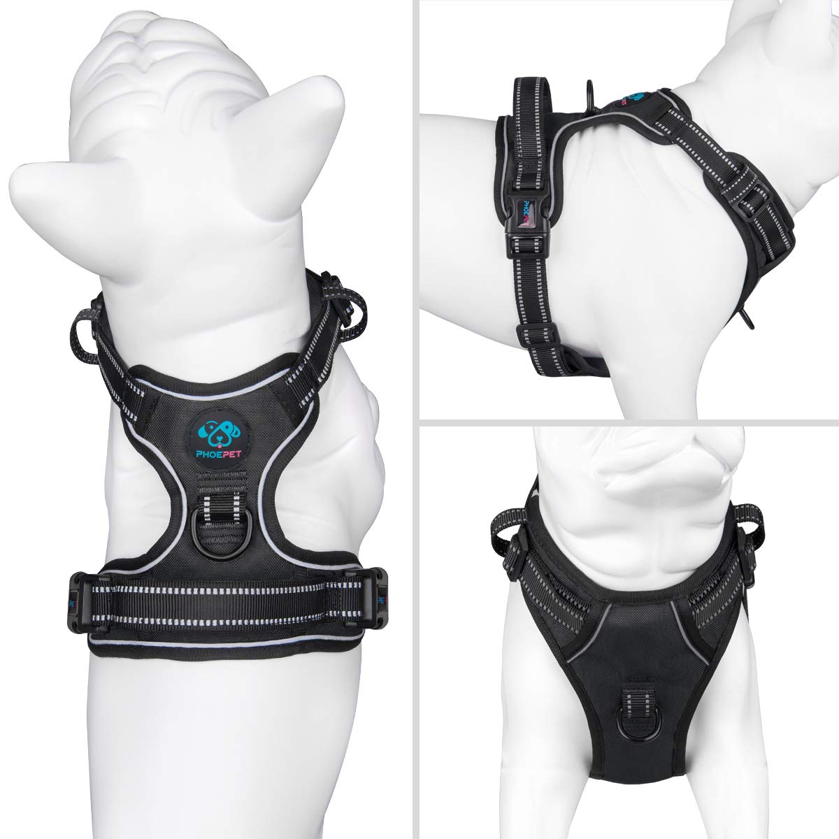 Phoepet Reflective Dog Harness No Pull Large Breed Vest With 2 Metal Leash Attachment Hooks(L, Black)