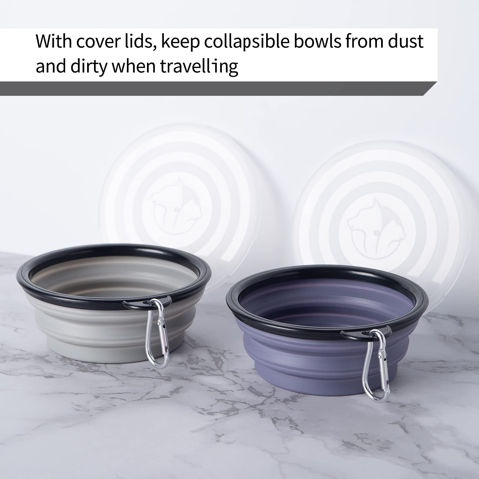 Slson Dog Bowls Pet Collapsible Bowl With Cover Lids,2 Pack Dog Travel Bowls Portable Foldable Cat Water Dish Bowl For Pets Walking Parking Camping (Taro Purple And Concrete Gray, Small)