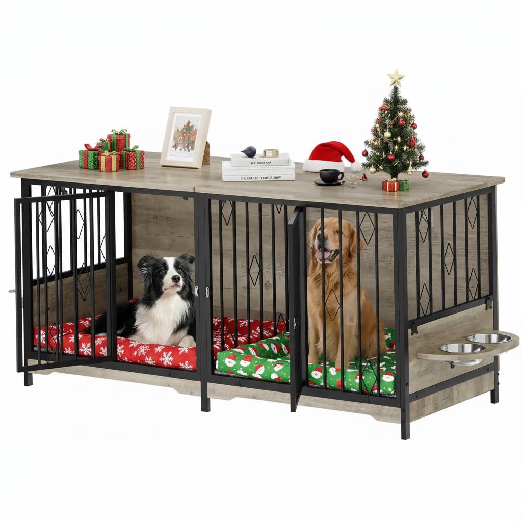 YITAHOME 71 Double Dog Crate Furniture with Divider, Wooden Large Dog Kennel with Flip-Top&4 Rotatable Bowls&2 Cushions, Dog Cra