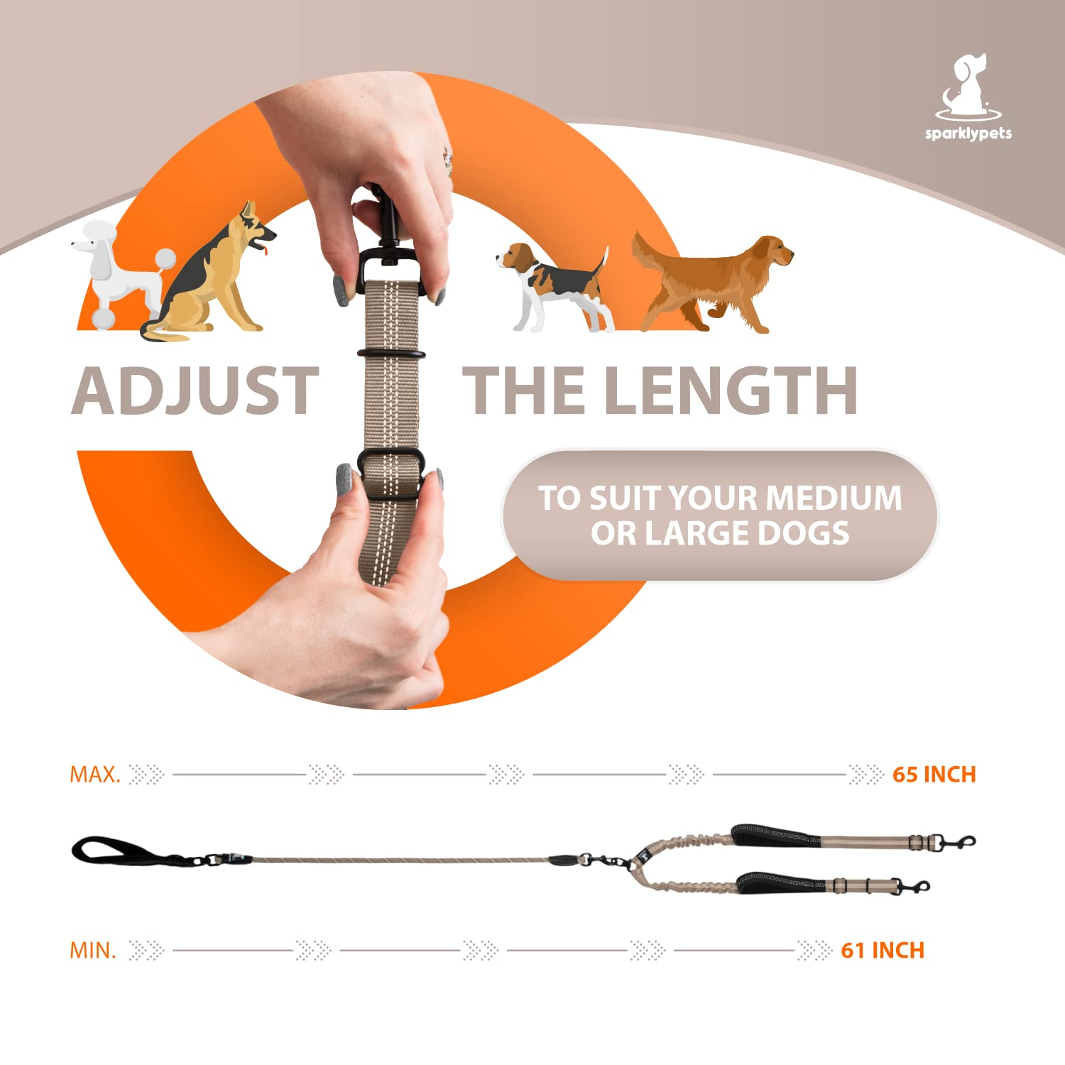 Heavy Duty Rope Bungee Leash For Large And Medium Dogs With Anti-Pull For Shock Absorption - No Slip Reflective Leash For Outside (Brown, For 2 Dogs)