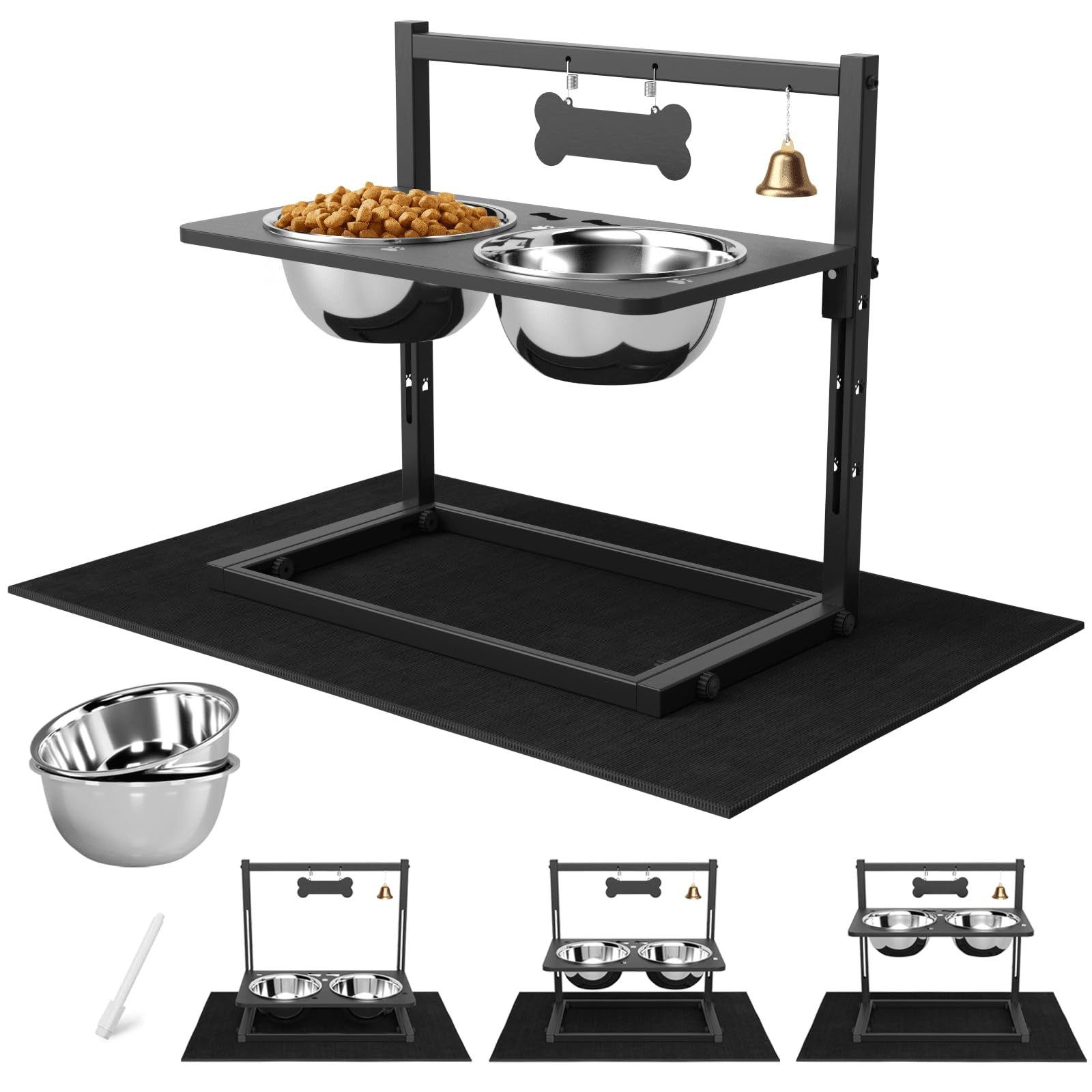 SHAINFUN Elevated Dog Bowls for Large Dog with Mat, Adjustable Height 4.3''-11.8'', Metal Raised Dog Bowl Stand, Two 1.7L Stainl