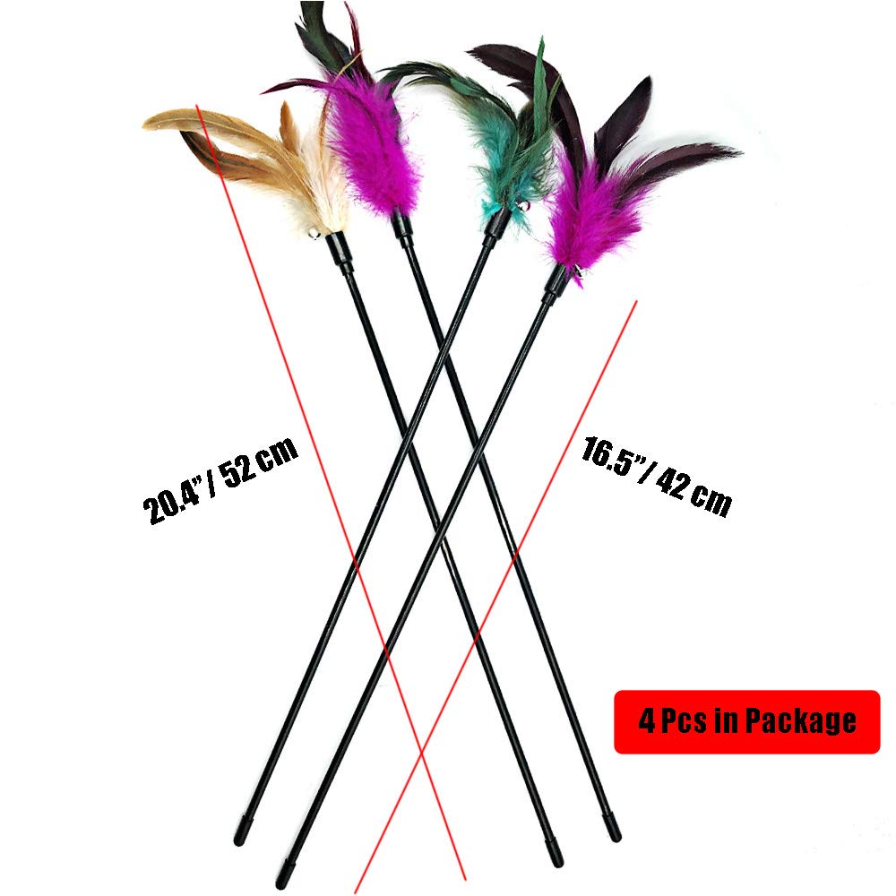 Cat Wand Toys, 4 Pcs Interactive Cat Teaser Wand Cat Feather Toys With Loud Bell - 20'' Long Wand For Cat And Kitten