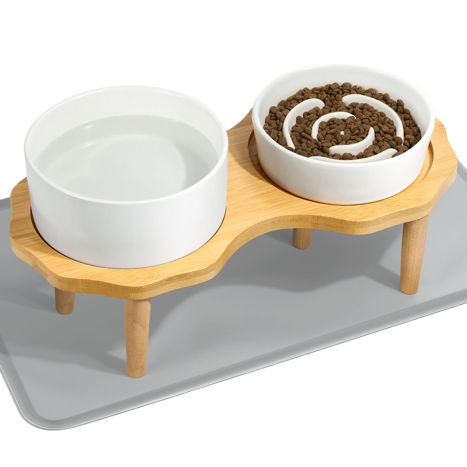 4-in-1 Ceramic Elevated Slow Feeder Dog Bowl Set, 6.3inch Dog Water Bowl and 5.9inch Slow Dish with Wooden Stand, Spill Proof Si
