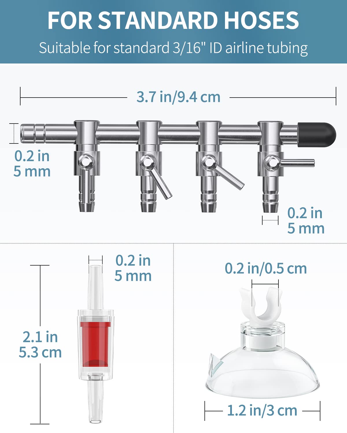 Pawfly 4-Way Aquarium Air Flow Control Lever Valve Manifold For Air Pumps Fish Tank Multi-Port Distributor Splitter With 1 Non-Return Check Valve And 6 Suction Cup Clips