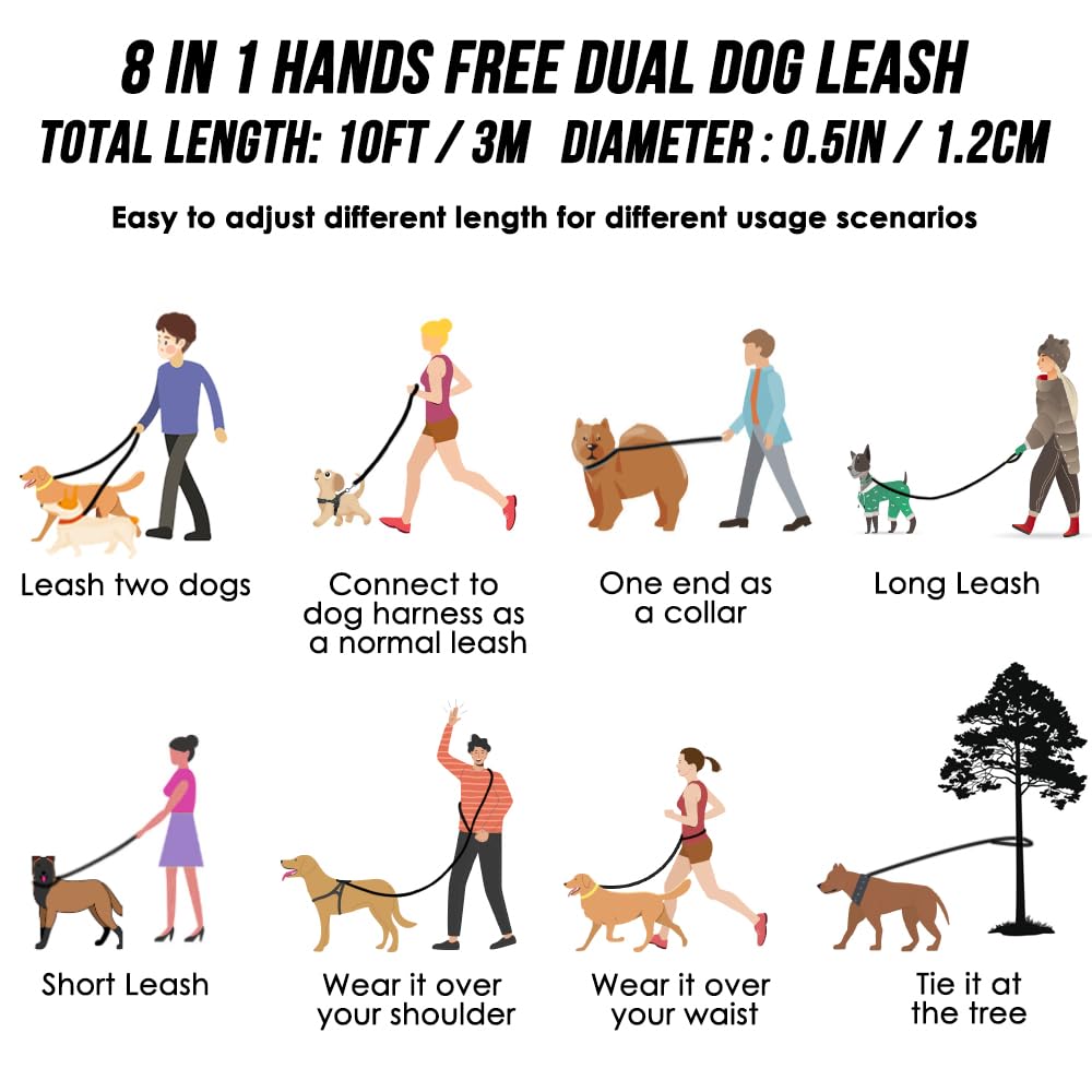 Lukovee Hands Free Dog Leash, 10Ft Adjustable Training Lead 1/2 Inch Nylon Heavy Duty Lead No Pull For Large Medium Dogs, Tangle