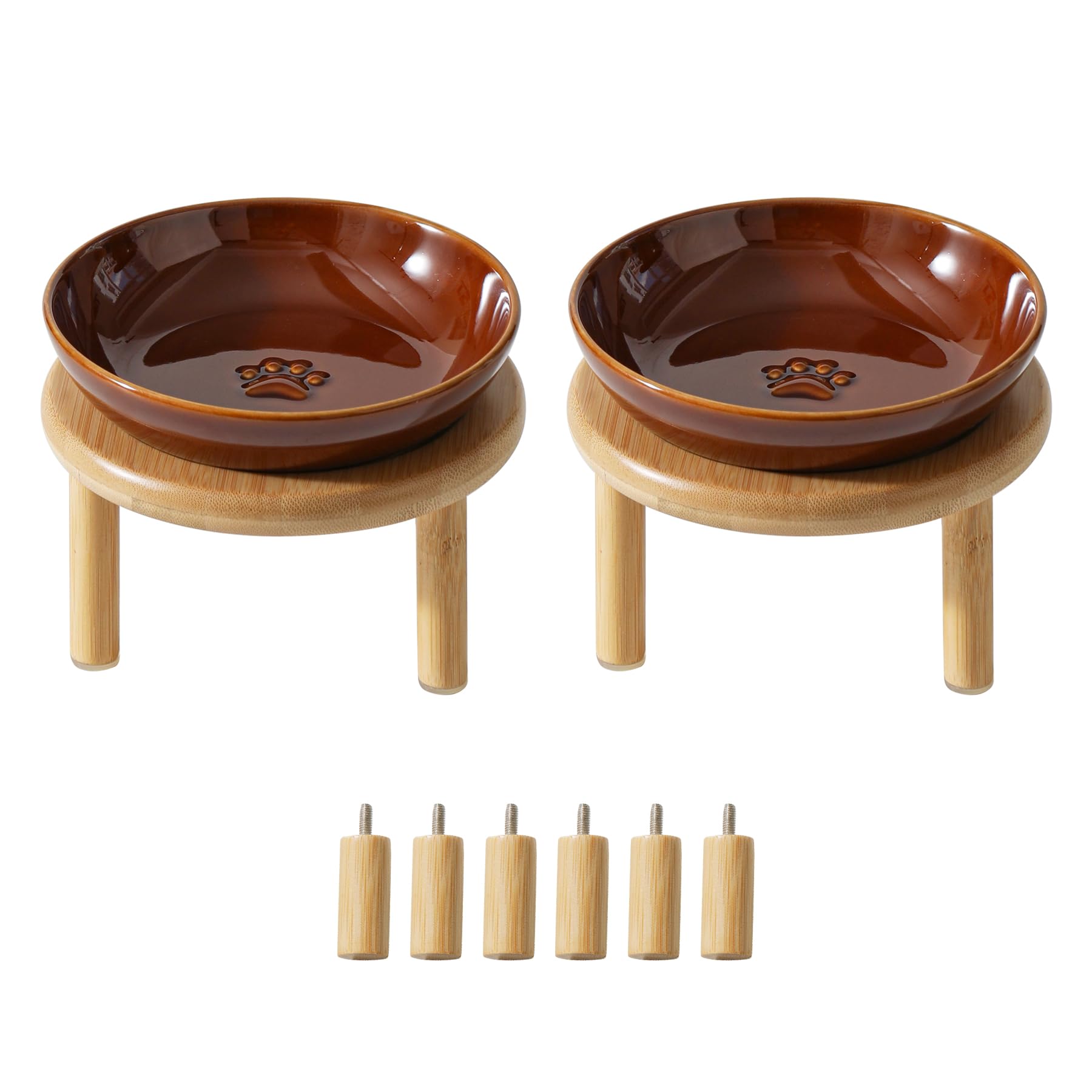 Havniva 2 Sets of Elevated Ceramic Paw Print Cat Dish, Wide Whisker Friendly Anti-Slip Food & Water Bowl with 2 Heights Adjustab