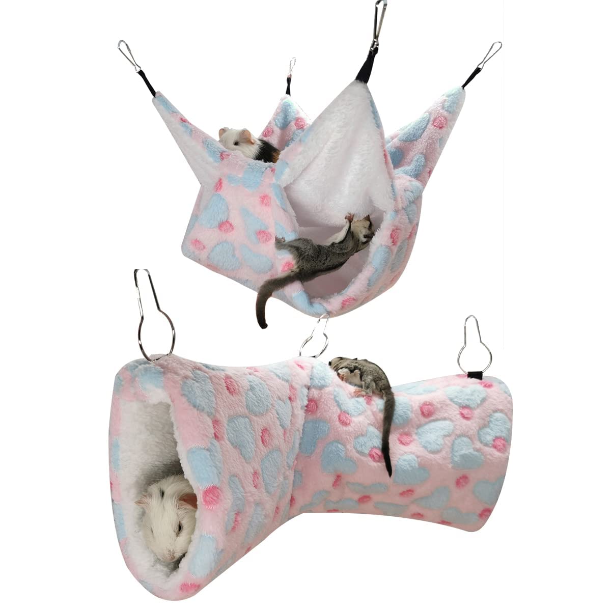 Leftstarer Guinea Pig Ferret Rat Hammock Toy Small Animal Cage Accessories Hideout Tunnel & Bunkbed Hammock For Rat Ferret Guinea Pig Hamster Sugar Glider Chinchilla (Hammock Set Heart-Pink)