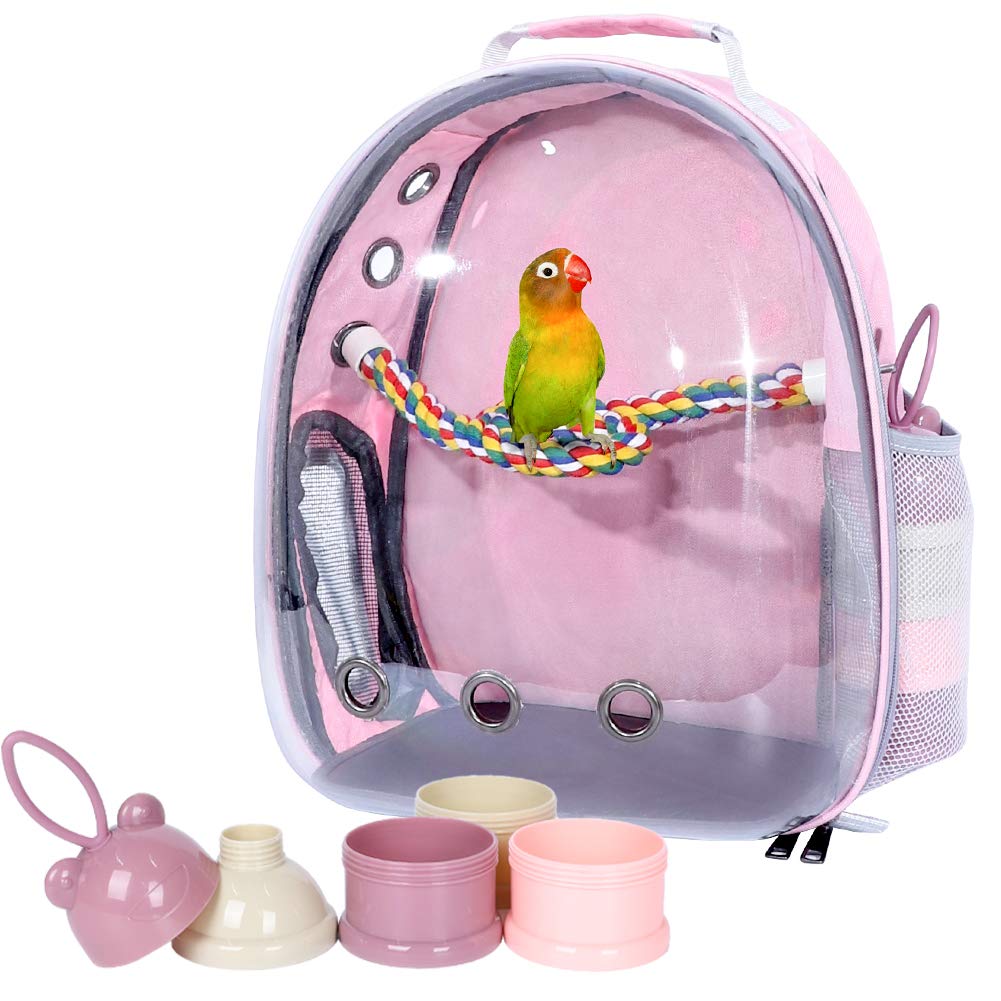 Pink Bird Backpack Carrier With Portable Bird Feeder Cups, Pet Bubble Carrier For Pet Birds, Airline-Approved, Ventilate Transparent Space Capsule Carrier Backpack For Travel, Hiking And Outdoor Use
