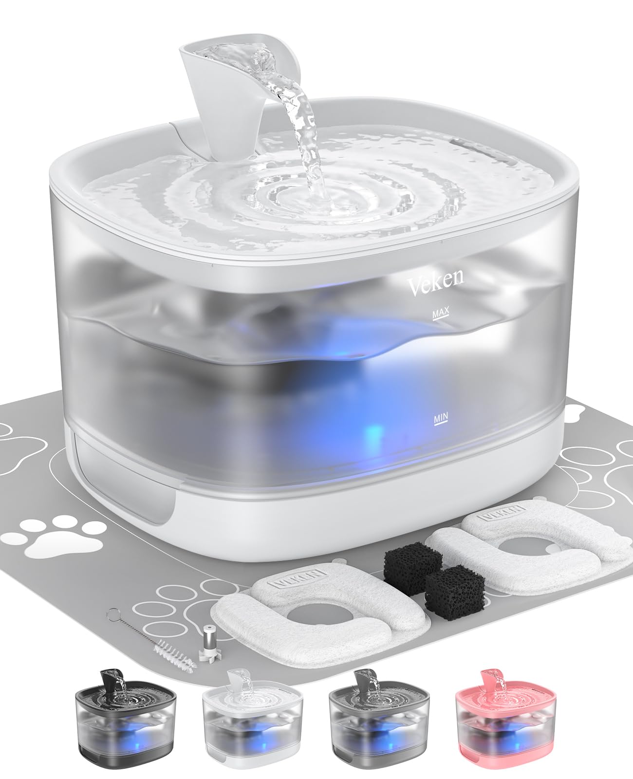 Veken Cat Water Fountain with Detachable Tank, Easy to Clean & Assemble, 84oz/2.5L Automatic Pet Drinking Dispenser with Quiet O