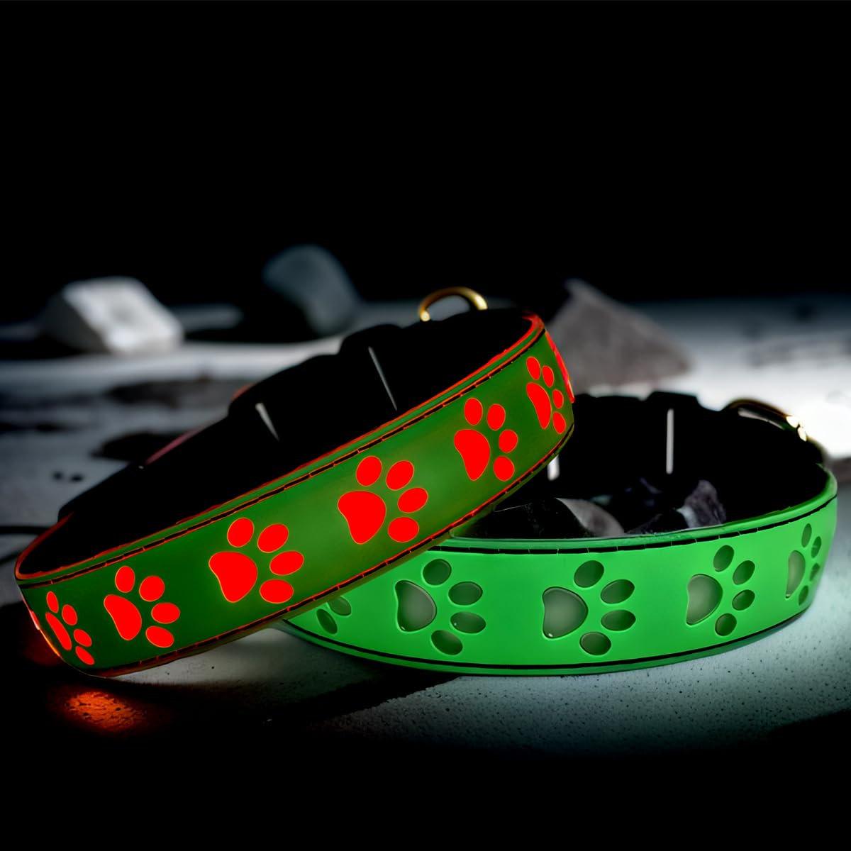 Dogled Led Light Up Dog Collar, Usb-C Rechargeable, Multicolor Paw Print Design, 15 Modes Lighting Night Safety (Green, L(15.7-1
