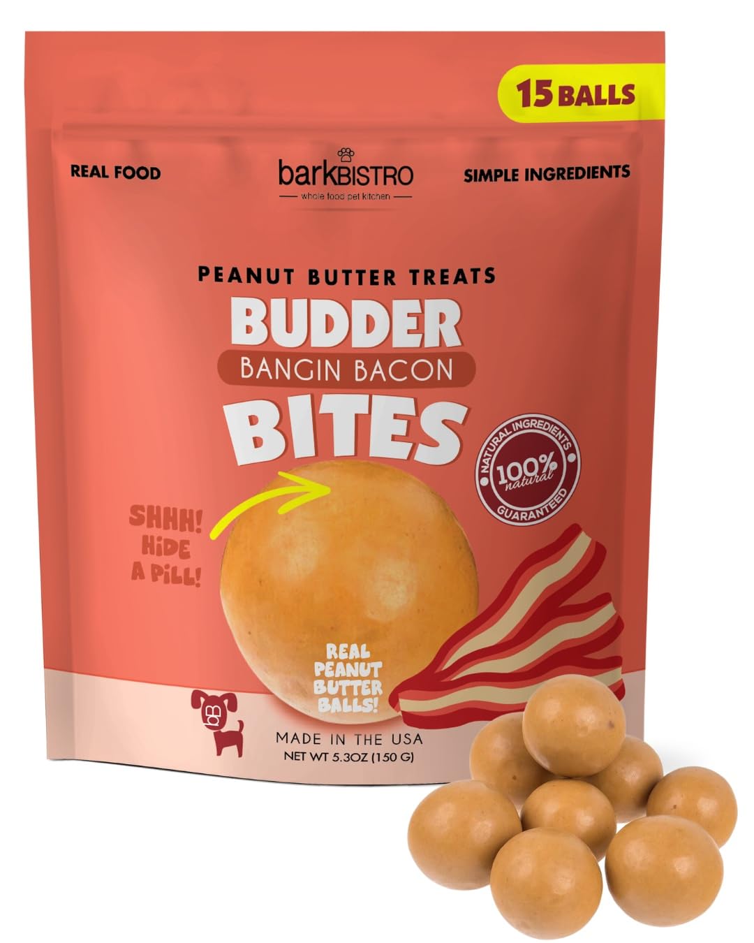 BUDDY BUDDER Bangin Bacon Bites, Natural Peanut Butter Dog Treats with Bacon Flavor, Soft Peanut Butter Ball Treat or Use to Hid